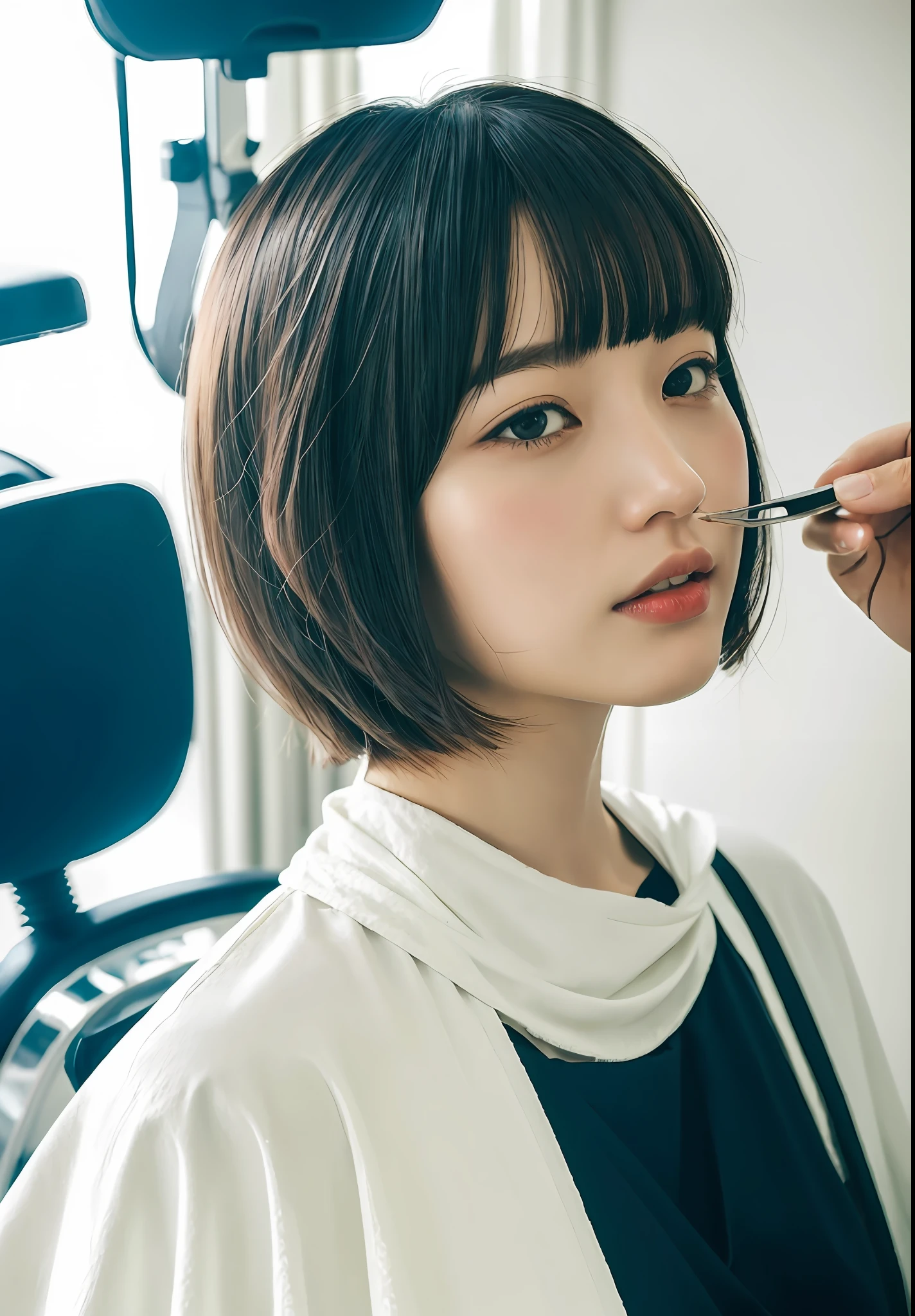 One girl, black hair, bangs, bob-cut hair, white cloth for haircut tied around her neck, sitting on a barber chair with her back straight, interior of a Showa retro old barber shop, spiritual silence, transcendental tranquility, Absurdres, HDR, ultra-detailed illustration, highly detailed face, RAW photography, film grain, deviantart trend, night, movie scene,