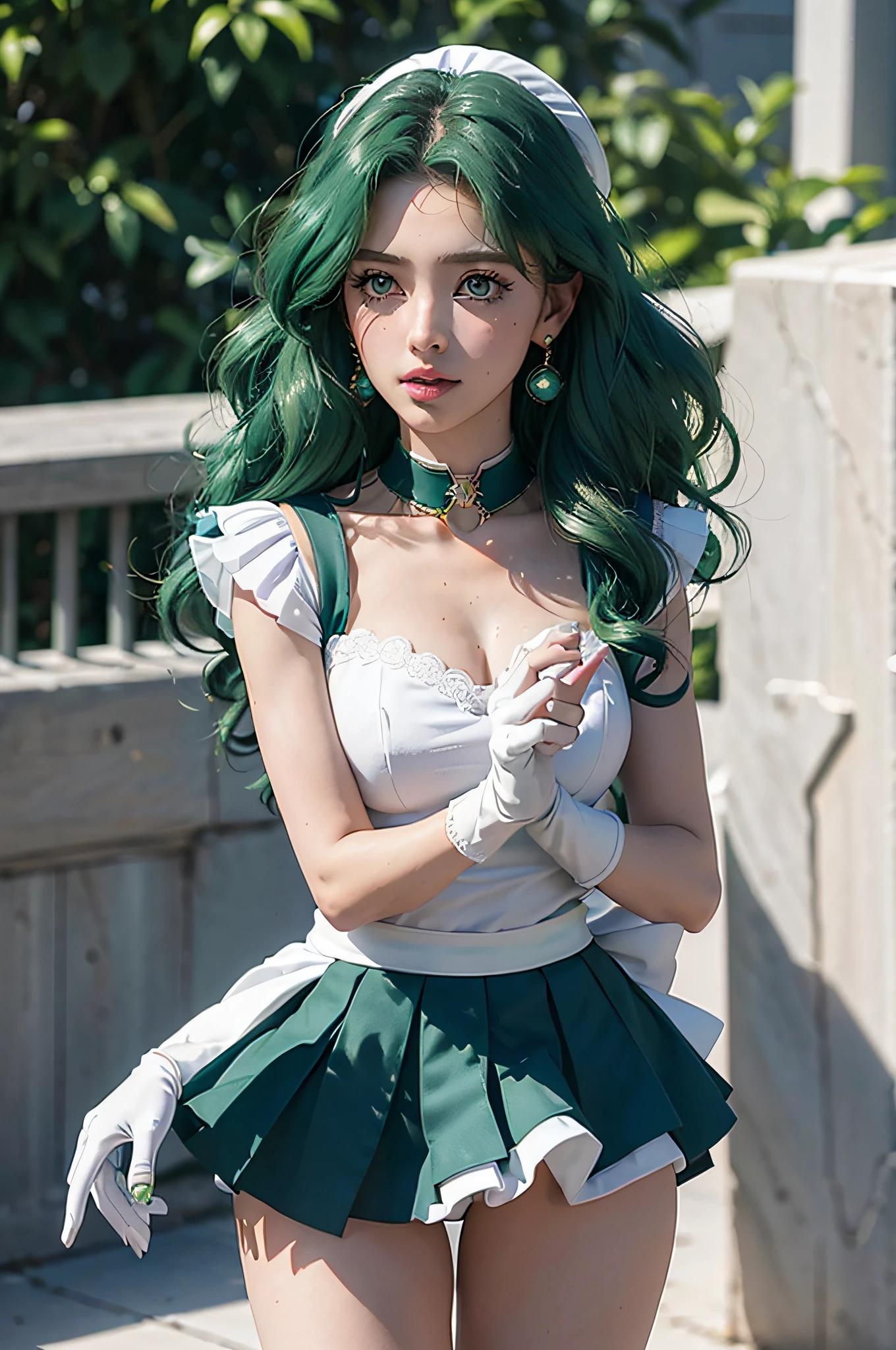 close-up, 1girl, sailor neptune, aqua eyes, dark green hair, medium hair, (sailor senshi uniform:1.1), plead skirt, bow, dynamic posture, Dynamic background, , best quality, masterpiece, high resolution, intricate details, (( realistic )), photographic, earrings, jewelry, white gloves, Medium breast, full body, white gloves, sailor collar