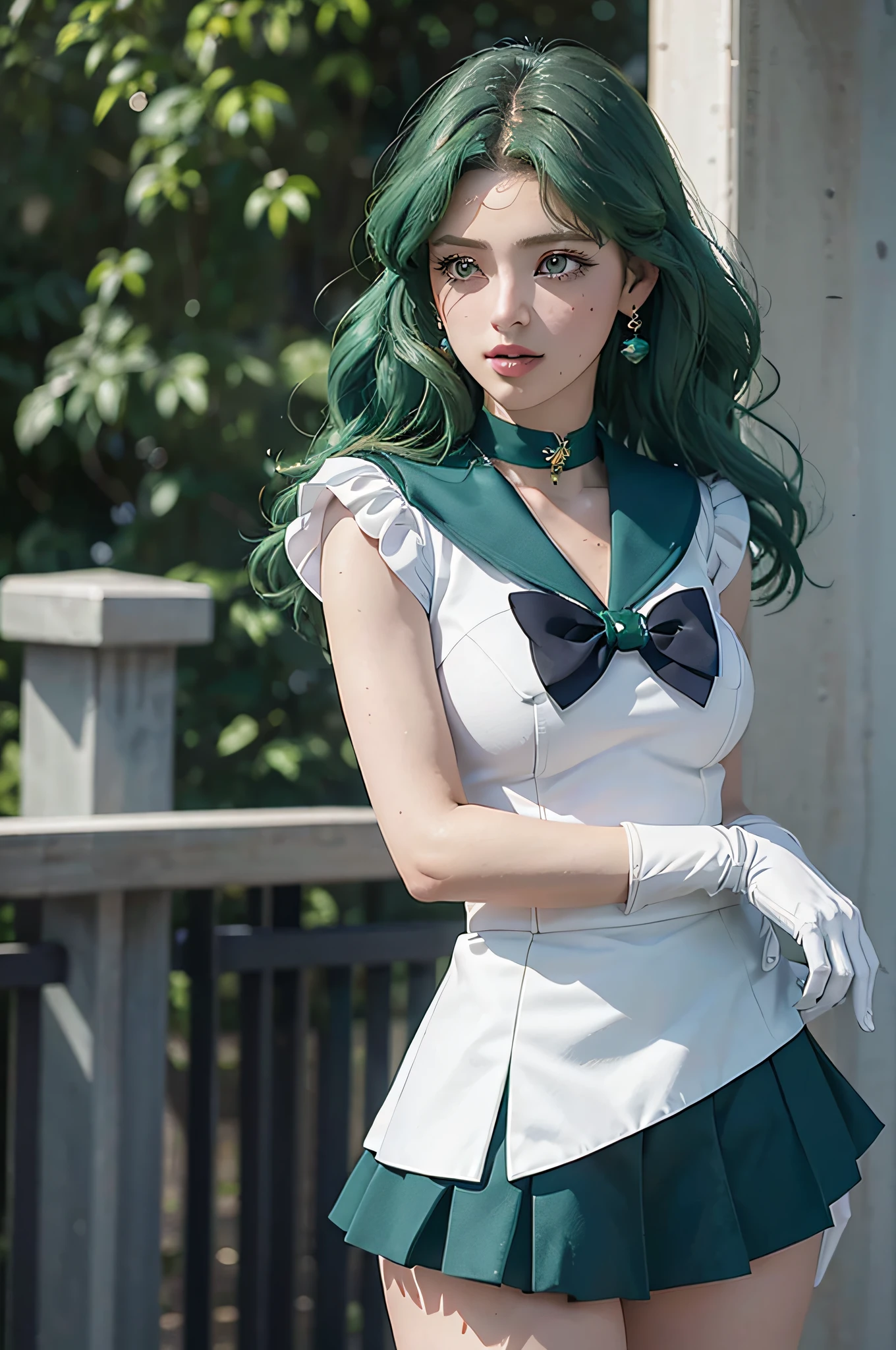 close-up, 1girl, sailor neptune, aqua eyes, dark green hair, medium hair, (sailor senshi uniform:1.1), plead skirt, bow, dynamic posture, Dynamic background, , best quality, masterpiece, high resolution, intricate details, (( realistic )), photographic, earrings, jewelry, white gloves, Medium , full body, white gloves, sailor collar