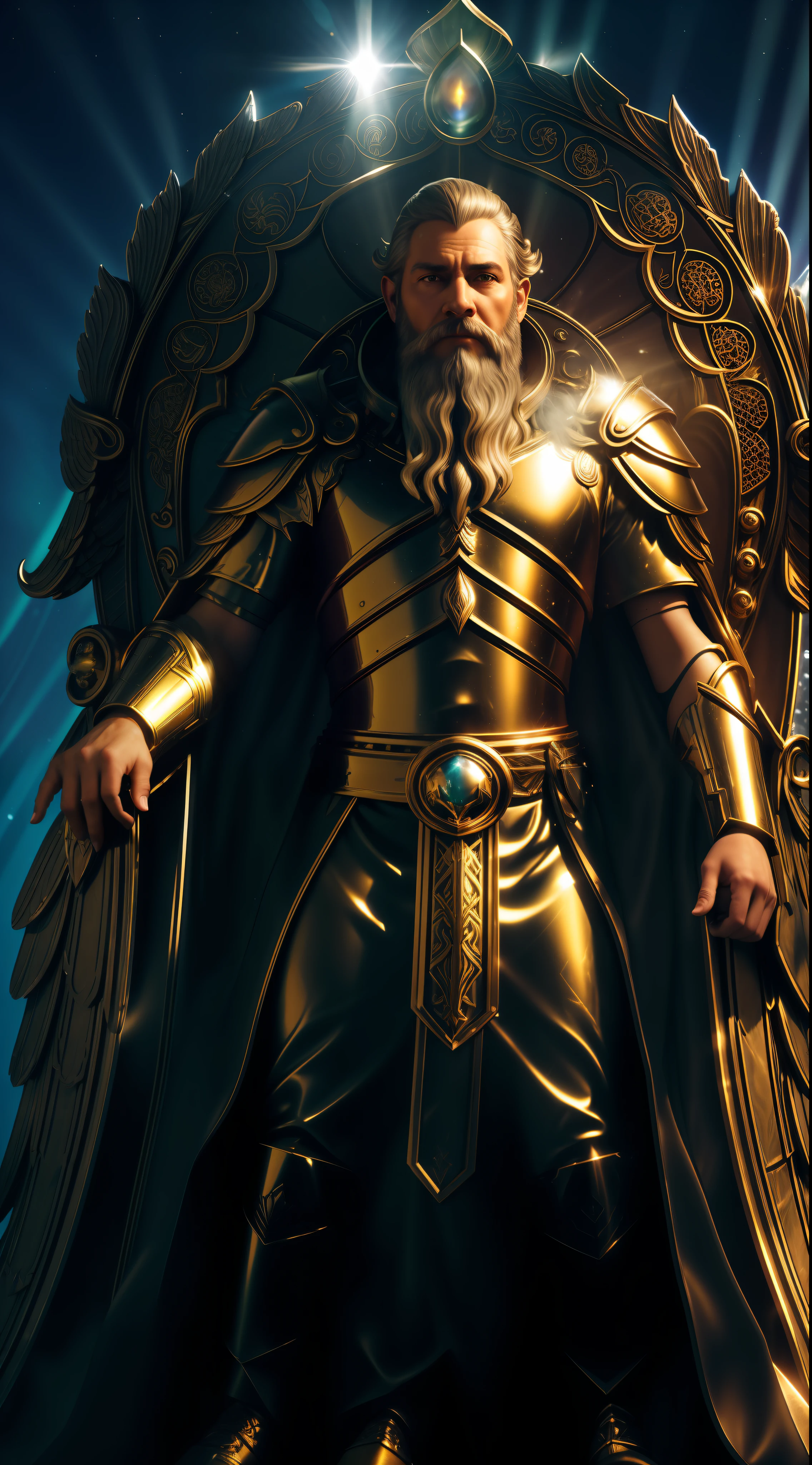 super high resolution, best quality, photo, 8k, (photorealistic: 1.2), cinematic lighting, An old man shaped like a fantz wlop, giant man with beard in bright white robes floating on the crystal throne, floating on crystal clouds, yellow eyes, bright yellow light emitted from the throne, precious stones floating in the sky, God, with beams of light enveloping his body,  with large translucent, feathered wings on the crystal throne, wings are open, golden light (halo:1.2) over your head, abdominal muscles dressed in medieval golden armor, beard, masculine, dark, masterpiece, best quality, intricate details, snow environment and crystals in the background, crystal cathedral, portal of the future, 3D light, HD, magic, god of light, backlighting,  detailed face, DREAD, depth of field, soft lighting, tone mapped, highly detailed, concept art, smooth, sharp focus, dramatic lighting, highly detailed art, cinematic, 8K, amazing shadows (highly detailed background: 1.2)