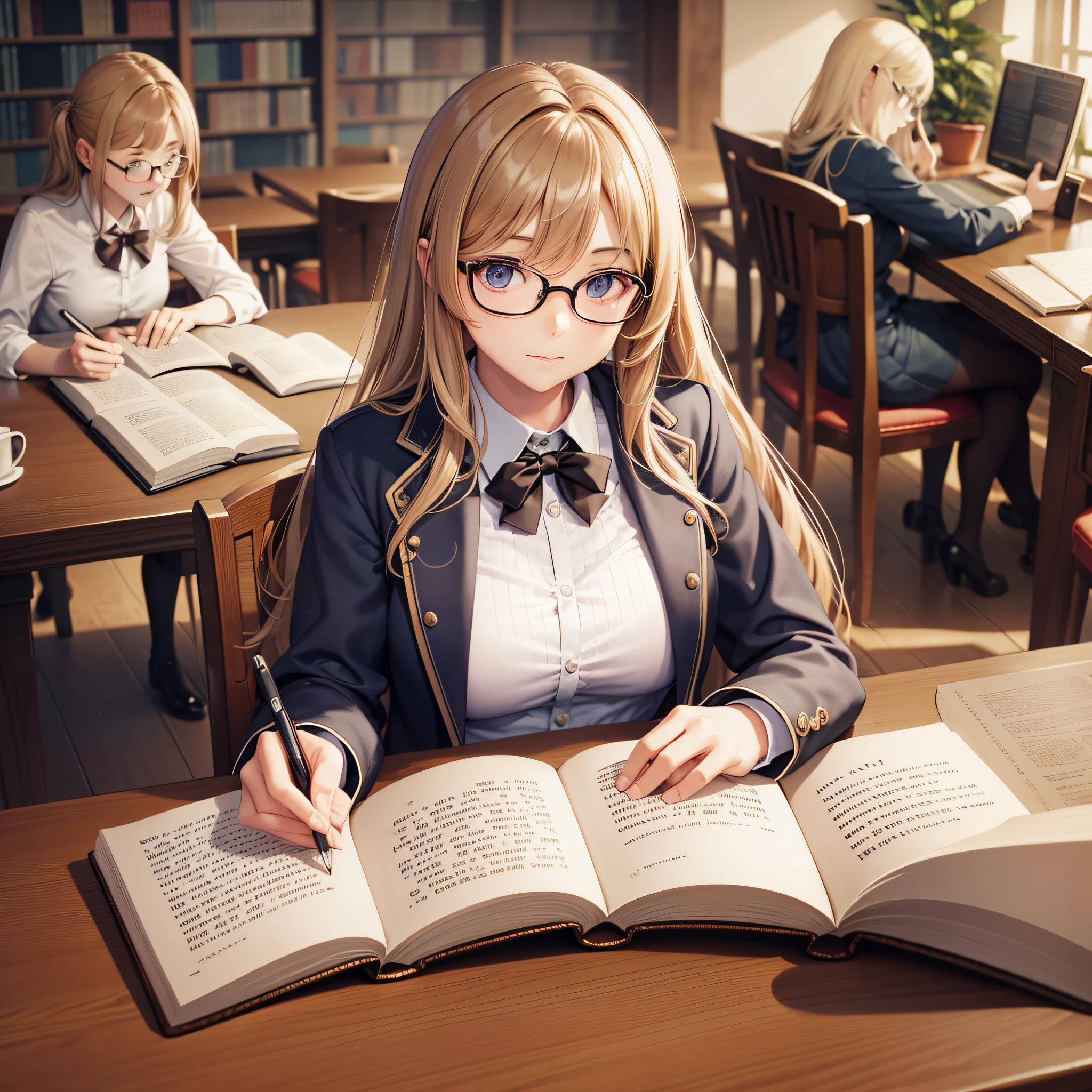 Manga. Super long shot. French library, sitting at a table and reading a book looking down hard. There are six books on the table. There is also a notebook and pen. Emily is a 13-year-old French girl. She lives in a small town in France, has wavy semi-long hair mixed with brown and blonde, straight bangs, bespectacled beauty, breasts are of normal size and beautiful shape, she likes camisoles. I like brown frame glasses. There are a few more users in the library.