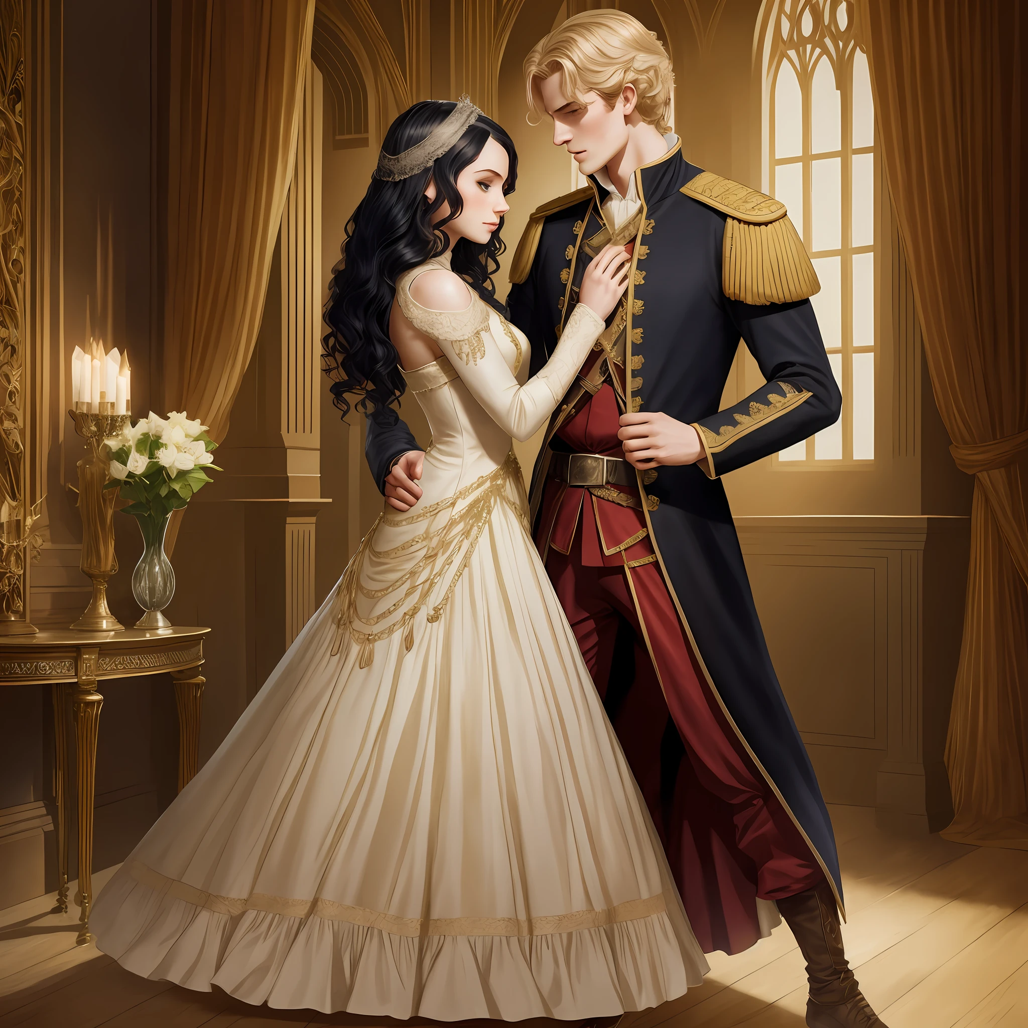 there is a man and woman dressed in formal clothing standing together, edmund blair and charlie bowater, charlie bowater and tom bagshaw, charlie bowater and artgeem, style of charlie bowater, in style of charlie bowater, charlie bowater and mark brooks, romantic storybook fantasy, charlie bowater art style, romance novel cover