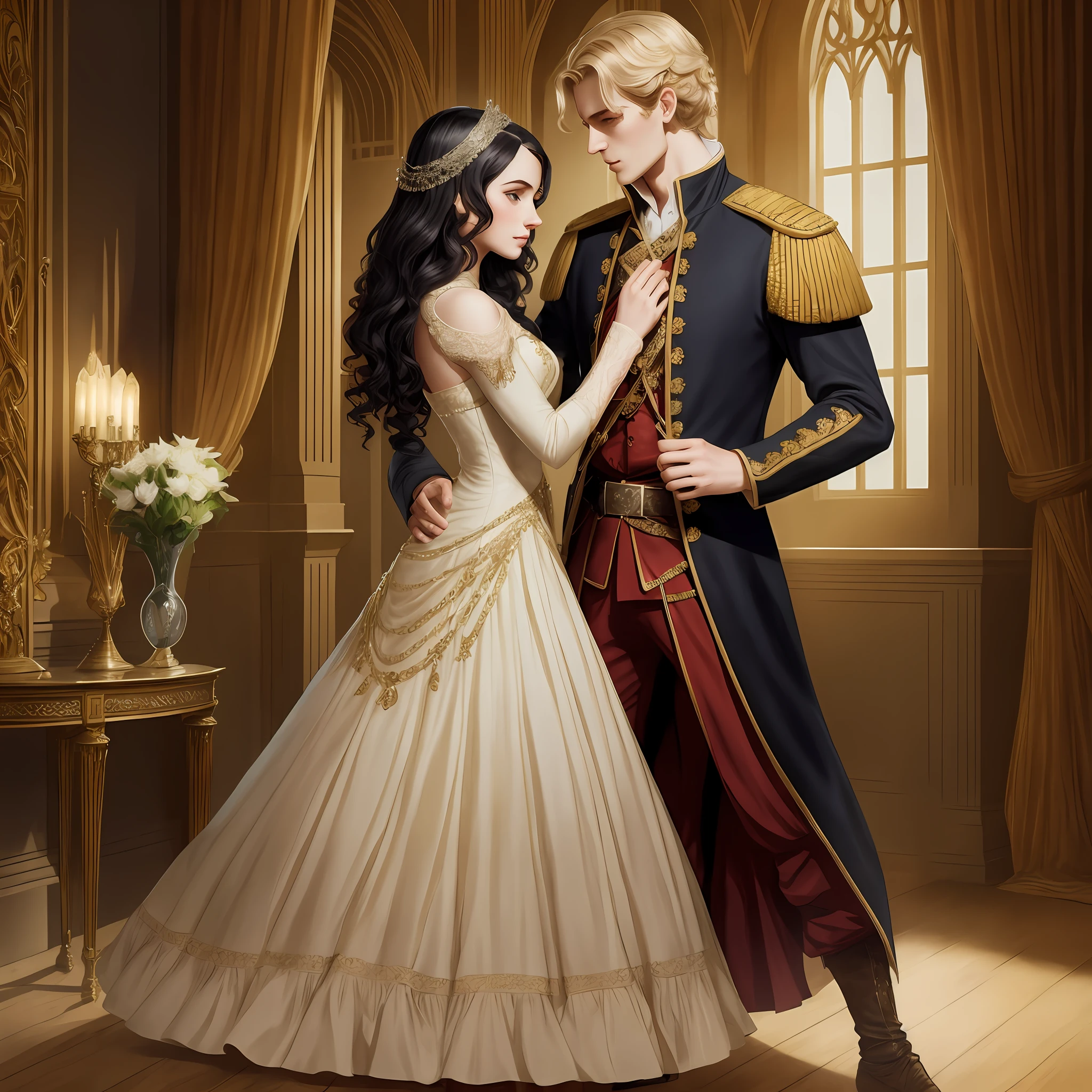 there is a man and woman dressed in formal clothing standing together, edmund blair and charlie bowater, charlie bowater and tom bagshaw, charlie bowater and artgeem, style of charlie bowater, in style of charlie bowater, charlie bowater and mark brooks, romantic storybook fantasy, charlie bowater art style, romance novel cover
