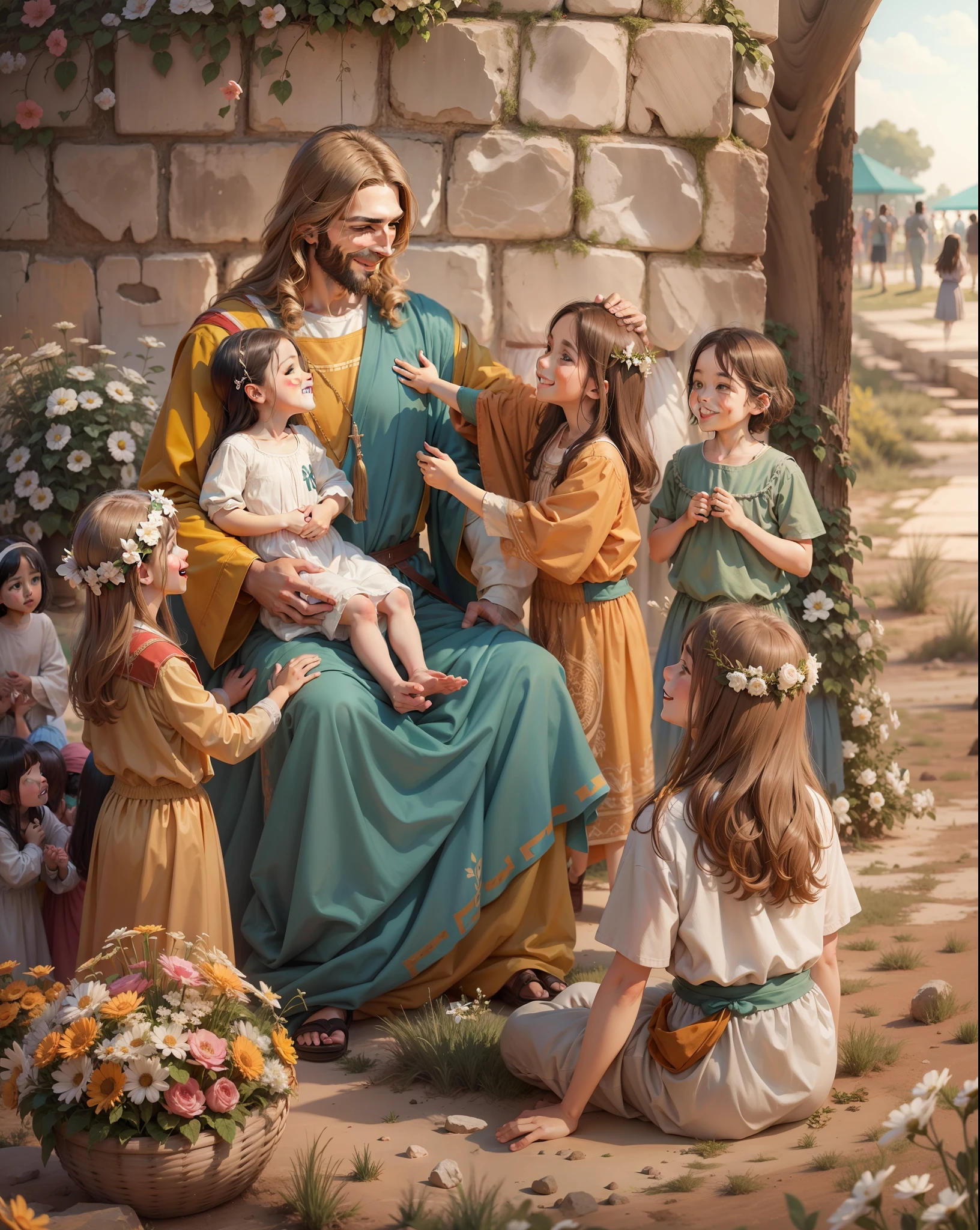 Jesus Christ smiling, surrounded by children.