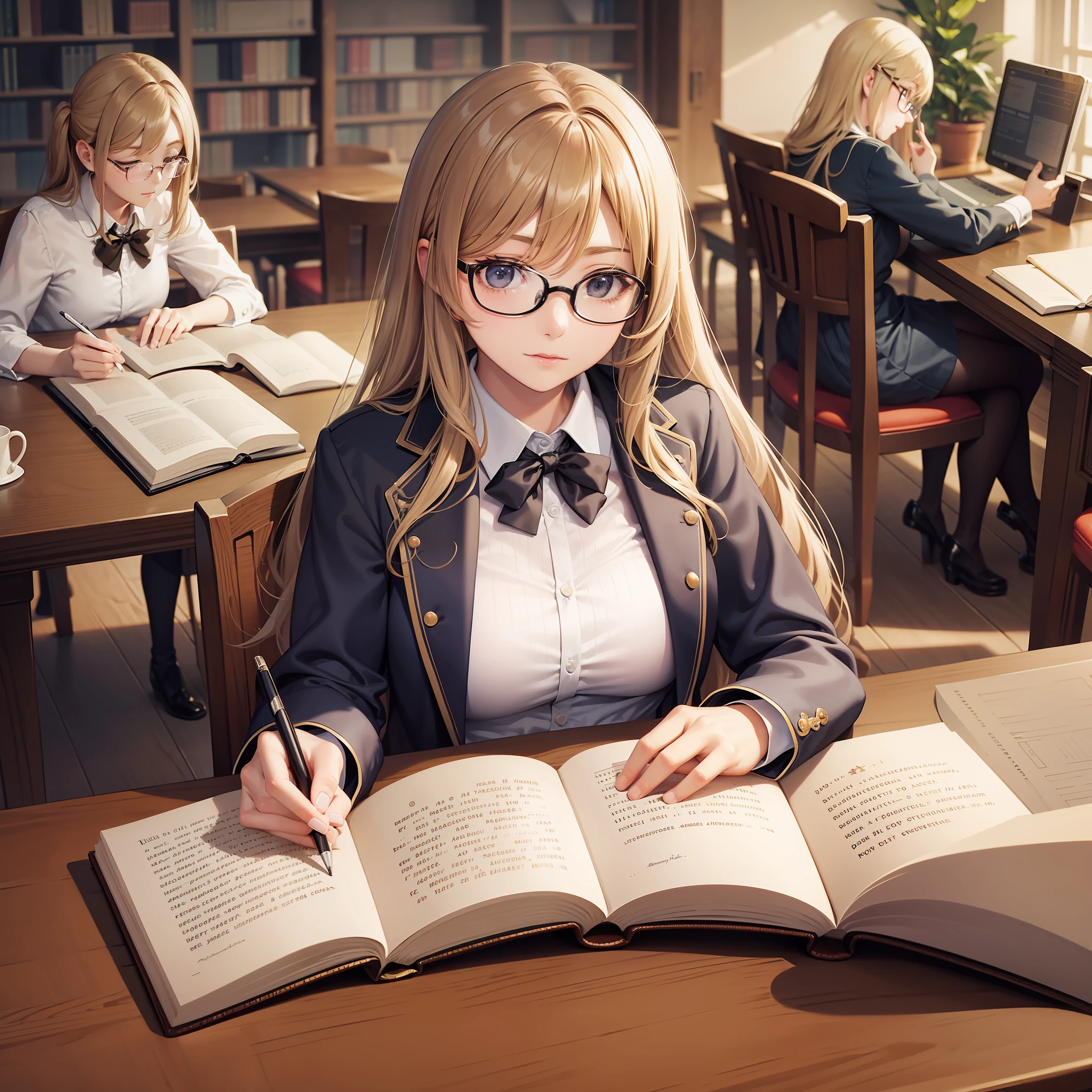 Manga. Super long shot. French library, sitting at a table and reading a book looking down hard. There are six books on the table. There is also a notebook and pen. Emily is a -yeld Frh girl. She lives in a small town in France, has wavy semi-long hair mixed with brown and blonde, straight bangs, bespectacled beauty, breasts are of normal size and beautiful shape, she likes camisoles. I like brown frame glasses. There are a few more users in the library.