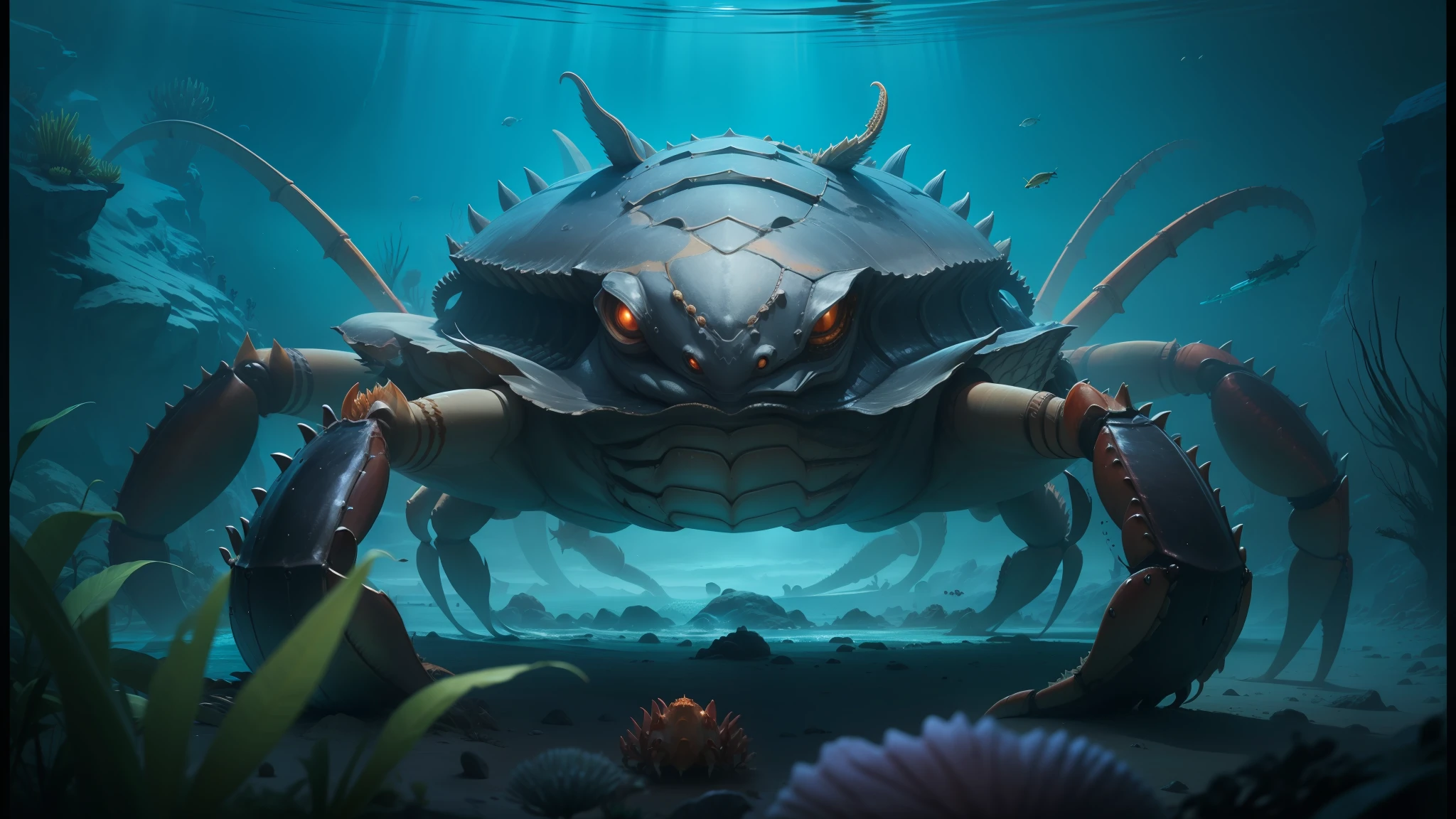 there is a crab that is sitting on the bottom of the ocean, giant crab, tiger - crab creature, elephant - crab creature, crab monster, realistic photography paleoart, huge crab, cory behance hd, anthropomorphic crab, crab, realistic fantasy photography, disney pixar weta, digital art animal photo, deep sea creatures, bioluminiscent creatures