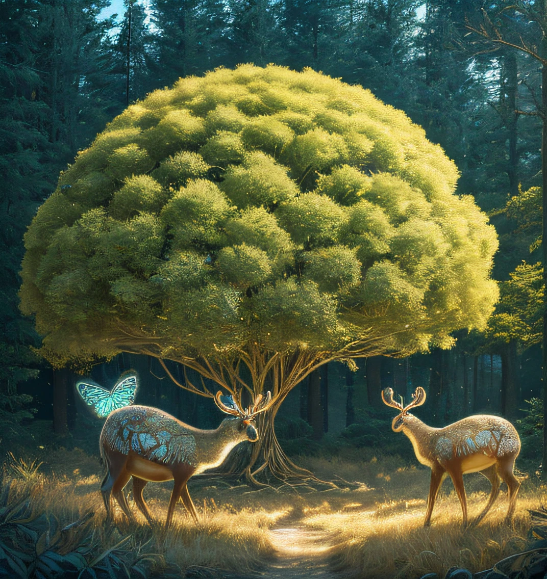 ((ultra realistic details)), portrait, global illumination, shadows, octane render, 8k, ultra sharp,metal,intricate, ornaments detailed, cold colors,highly intricate details, realistic light, trending on cgsociety, glowing eyes,neon details, forest wide angle with big trees covered with many small colorful birds and butterflies and deers roaming near small golden grass