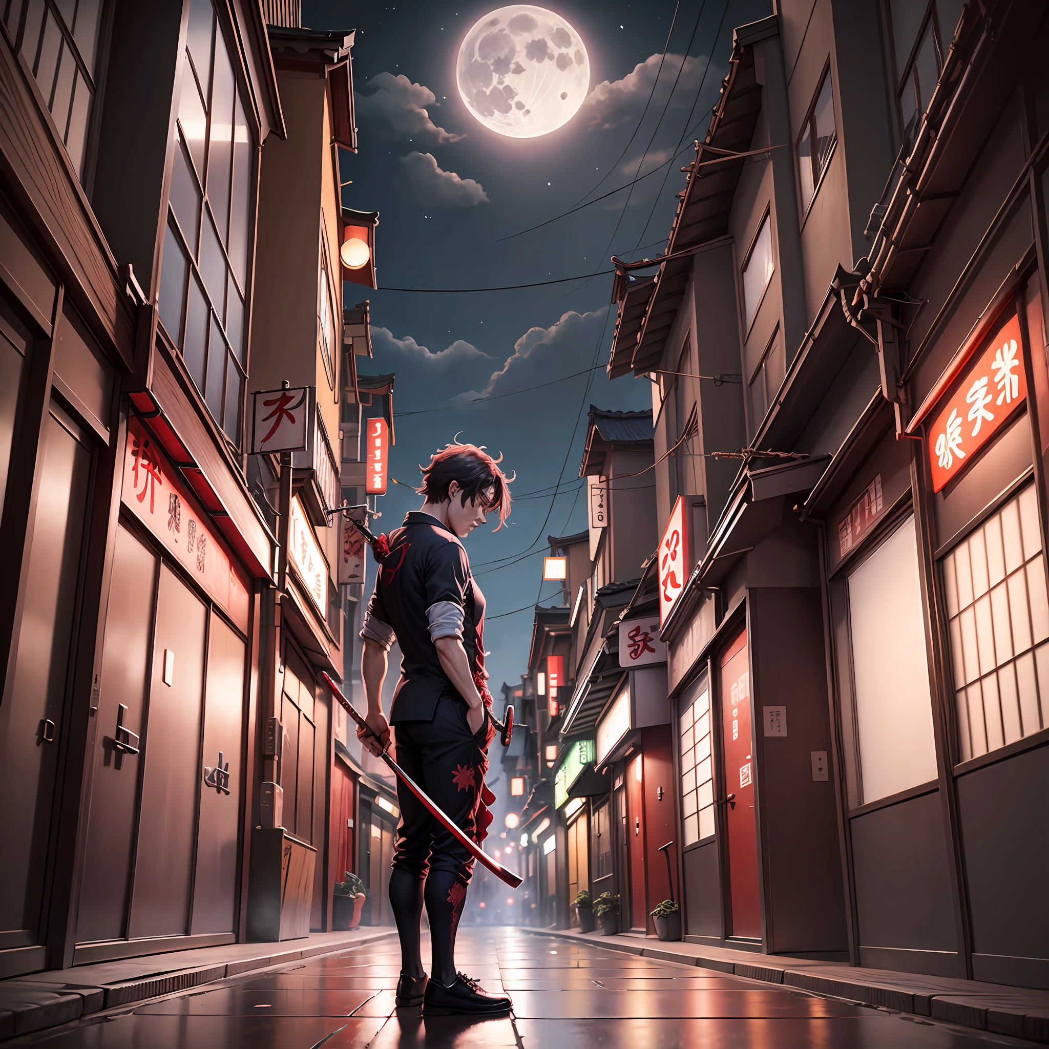 Streets of Tokyo, oni(Yokai) in the background with a wooden club and a katana, full moon in the sky, red spider lilies on the ground image 1.3 --auto --s2