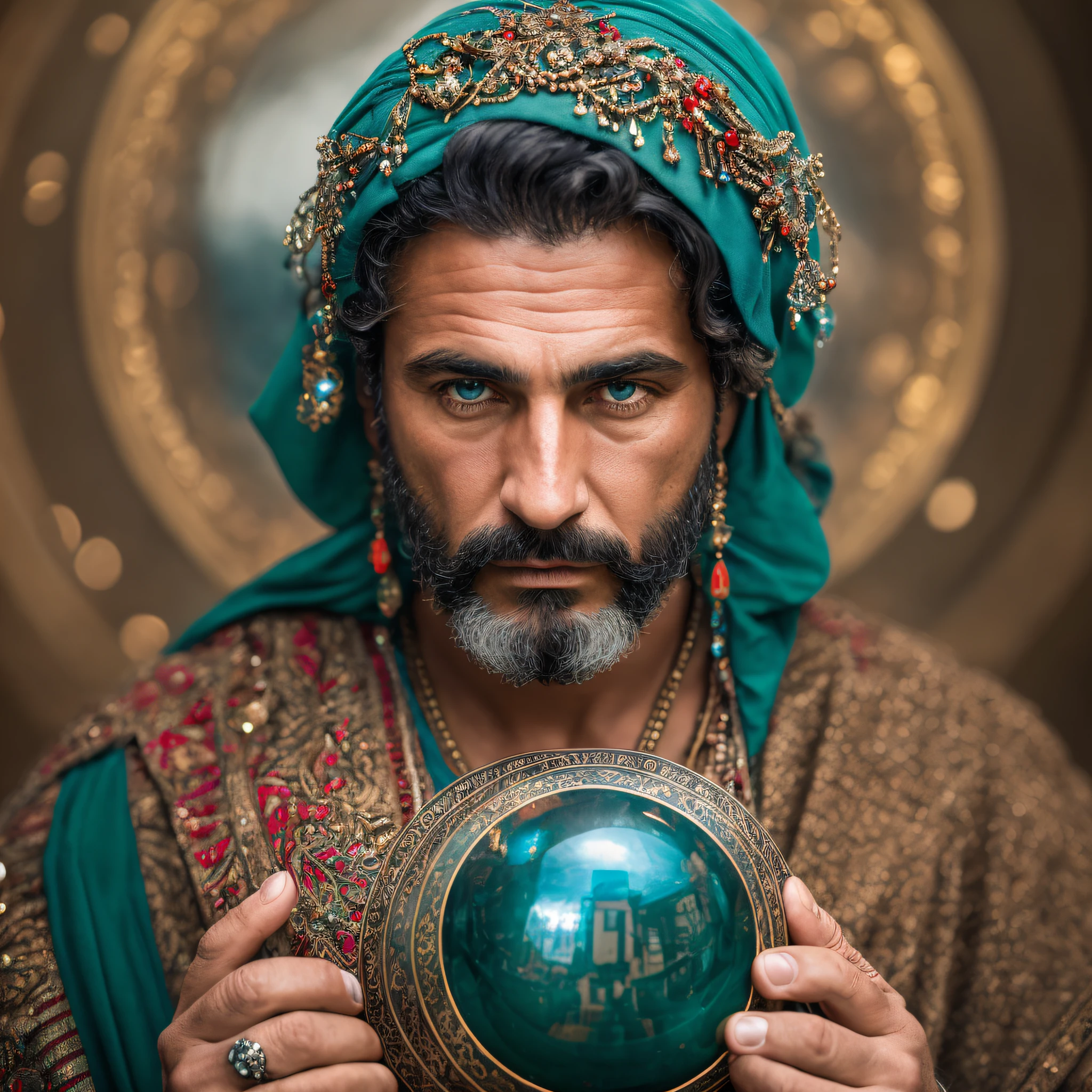gypsy man, looking at a crystal ball, front view, 4k, high resolution, detailed face, studio setting, hyperdetailed, smoke, (8k), realistic, symmetrical, award-winning, cinematic lightning, film, two-tone lighting, sharp focus, teal and red hue, octane, unreal, poorly lit, low key --auto --s2