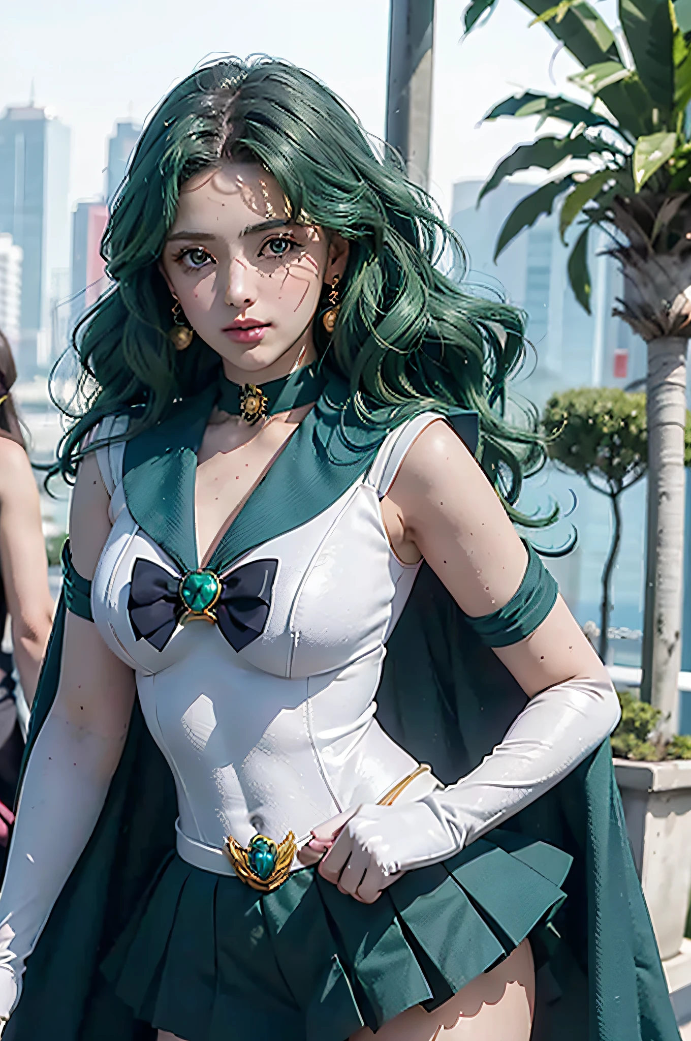 close-up, 1girl, sailor neptune, (sailor senshi uniform:1.2), (aqua eyes:0.9), dark green hair, medium hair, plead skirt, best quality, earrings, masterpiece, high resolution, intricate details, (( realistic )), photographic, (white elbow gloves:1.1), jewelry, Medium breast, full body, Dynamic background, dynamic posture,