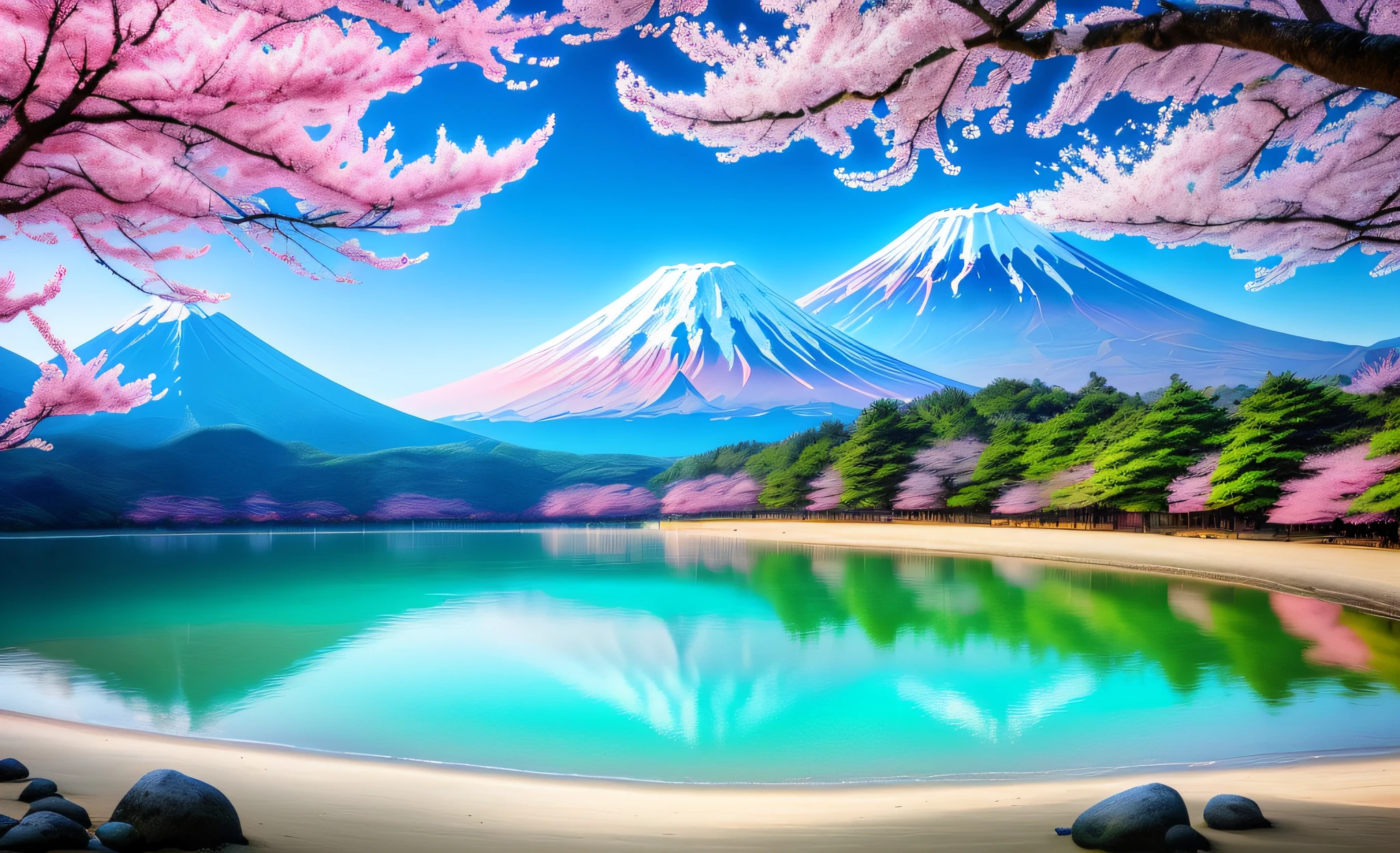 A picturesque view of Mount Fuji, adorned with delicate and lush cherry blossoms, standing tall and proud, untouched by human presence.(summertime, serene atmosphere, picturesque scenery), tranquil beach, (deserted and peaceful setting), clear blue waters, gorgeous coast, (idyllic and serene view).