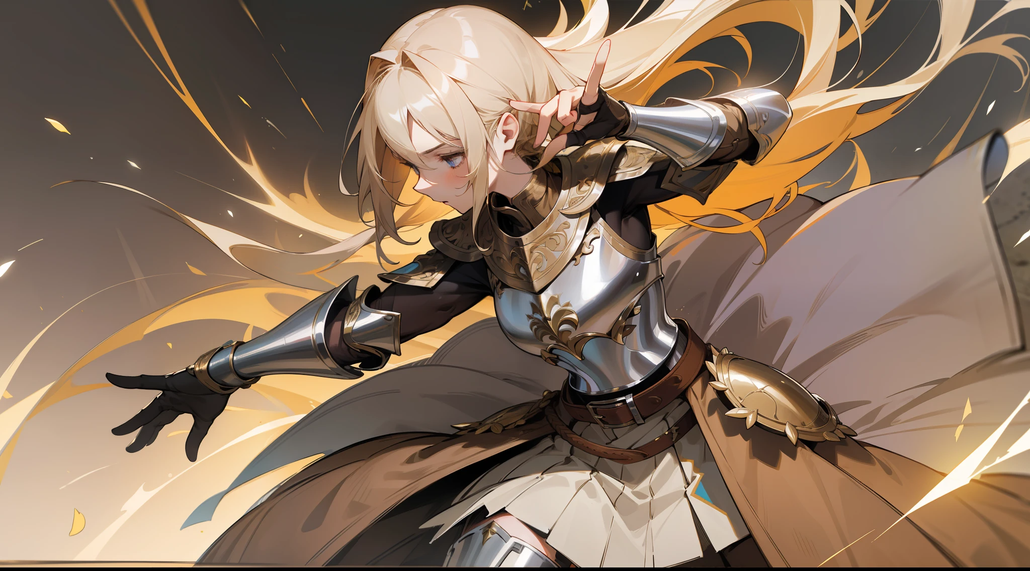 masterpiece, best quality, mature woman, warrior, long light blonde hair, brown clothing, silver breastplate, silver shin guard, belt, skirt, costume, medieval, in a battle arena, dynamic pose, beautiful detailed glow.