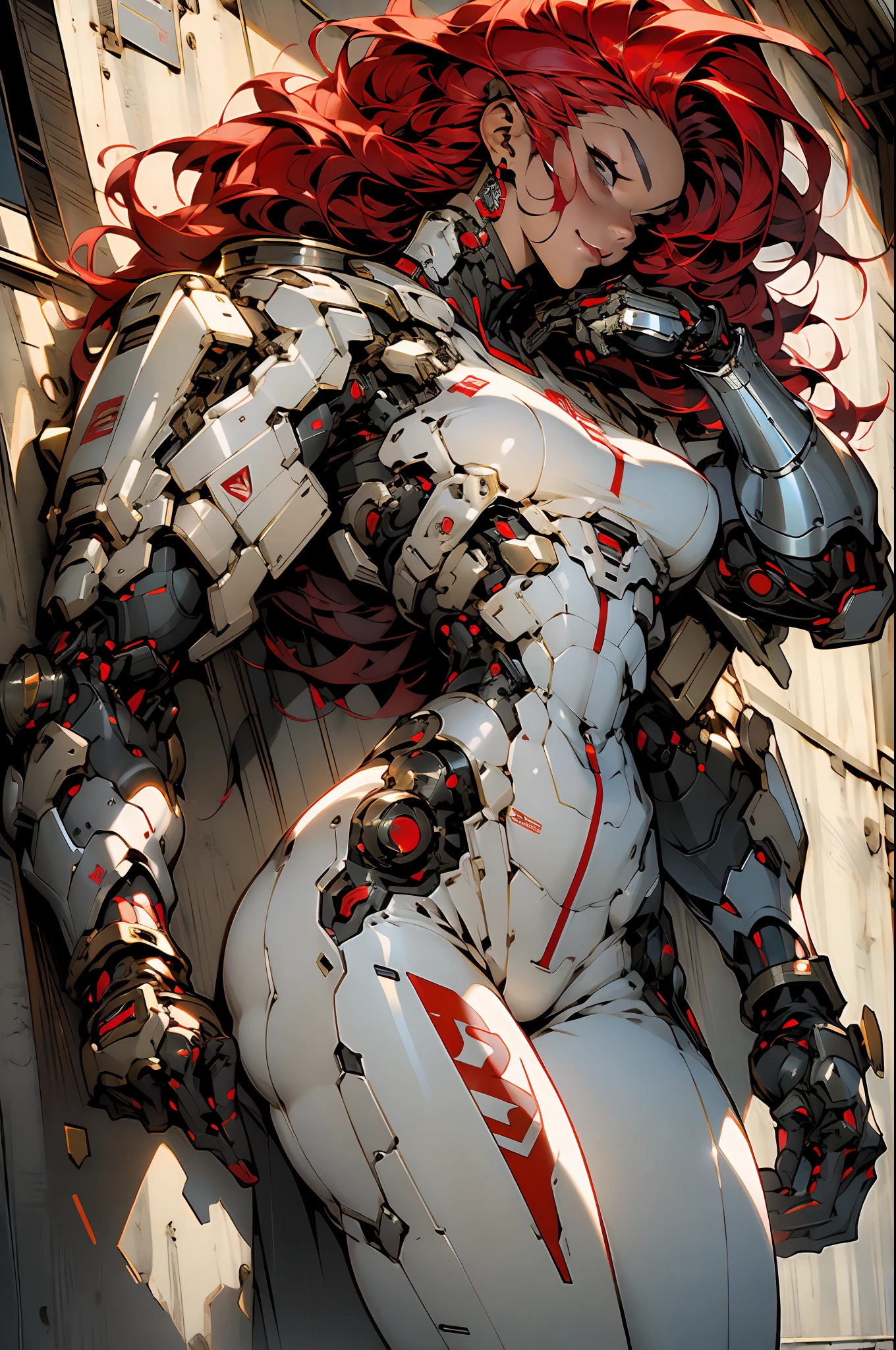 (((masterpiece))), (((best quality))), ((((absurdities))), Muscular 35-year-old adult woman with robotic armor, large breasts, sensual pose, white mohawk hair with red locks, proportional body, full body, beautiful, mischievous smile, military installation