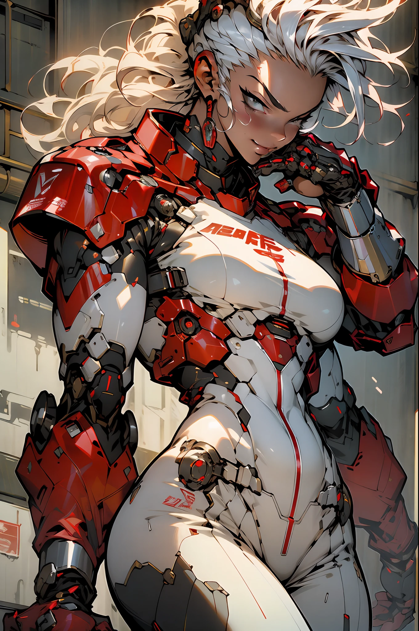 (((masterpiece))), (((best quality))), ((((absurdities))), Muscular 35-year-old adult woman with robotic armor, large breasts, sensual pose, white mohawk hair with red locks, proportional body, full body, beautiful, mischievous smile, military installation