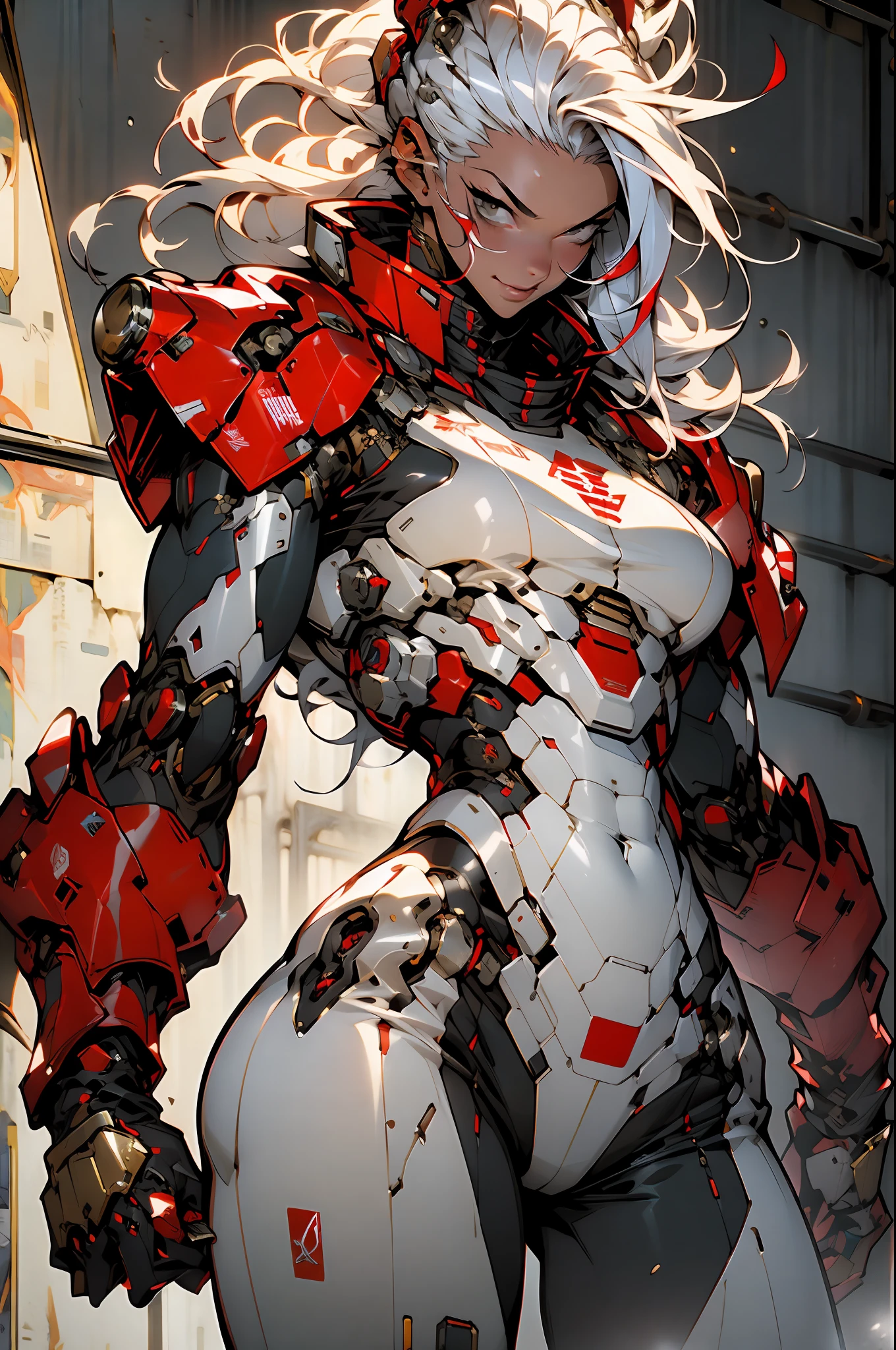 (((masterpiece))), (((best quality))), ((((absurdities))), Muscular 35-year-old adult woman with robotic armor, large breasts, sensual pose, white mohawk hair with red locks, proportional body, full body, beautiful, mischievous smile, military installation