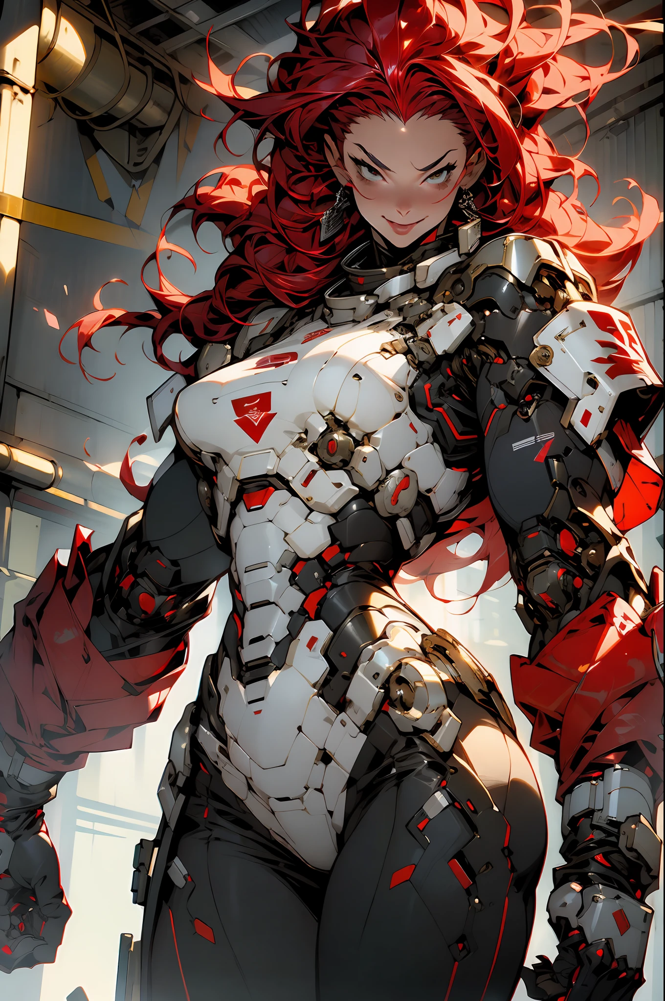 (((masterpiece))), (((best quality))), ((((absurdities))), Muscular 35-year-old adult woman with robotic armor, large breasts, sensual pose, white mohawk hair with red locks, proportional body, full body, beautiful, mischievous smile, military installation