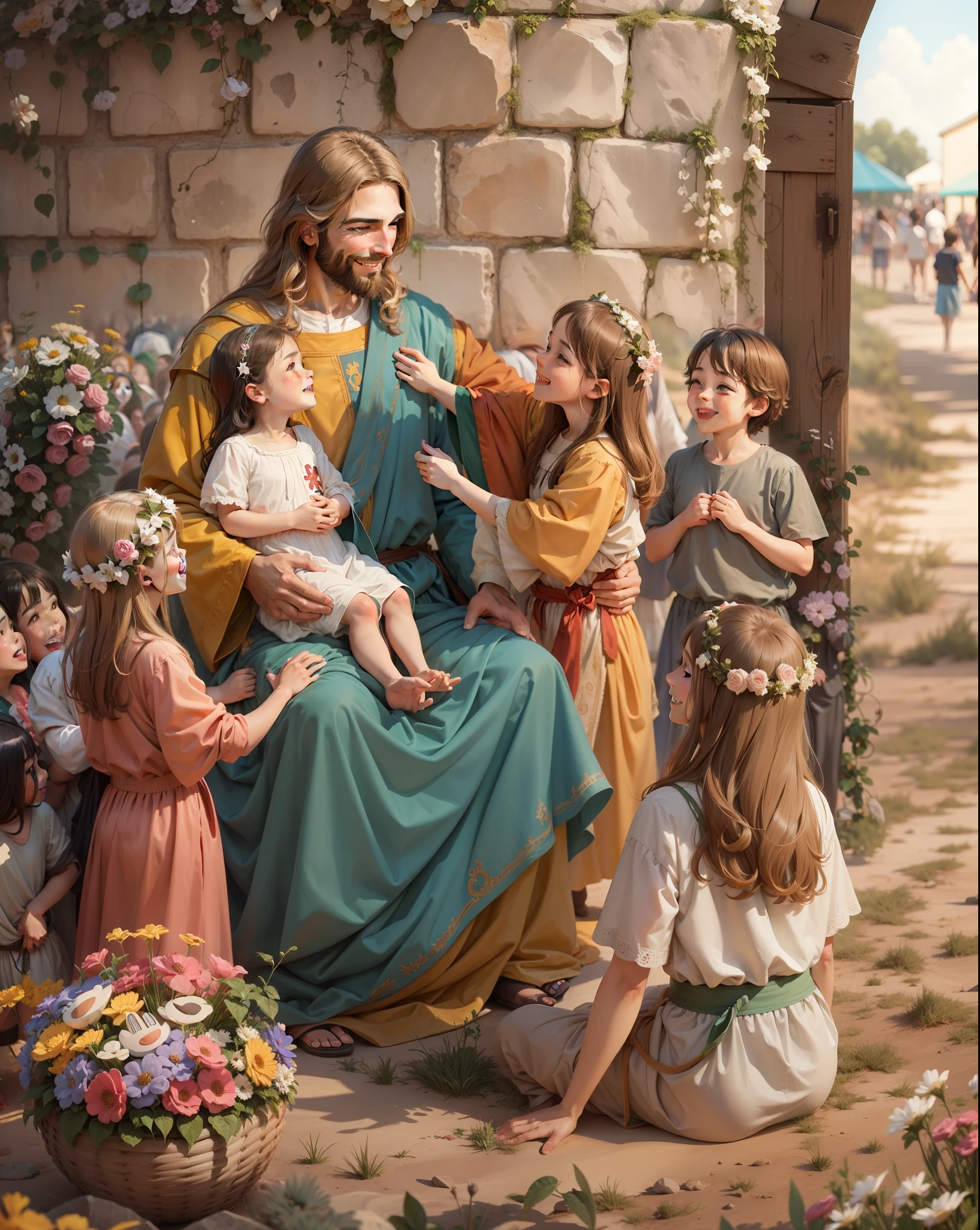 Jesus Christ smiling, surrounded by children.