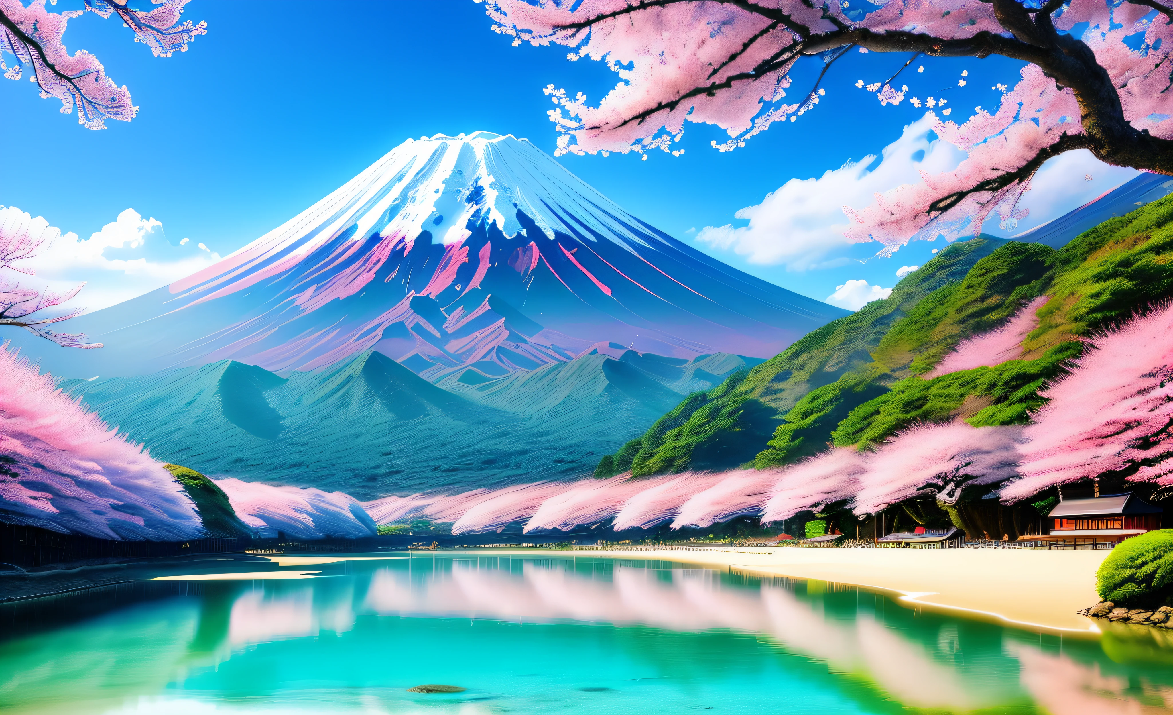 A picturesque view of Mount Fuji, adorned with delicate and lush cherry blossoms, standing tall and proud, untouched by human presence.(summertime, serene atmosphere, picturesque scenery), tranquil beach, (deserted and peaceful setting), clear blue waters, gorgeous coast, (idyllic and serene view).