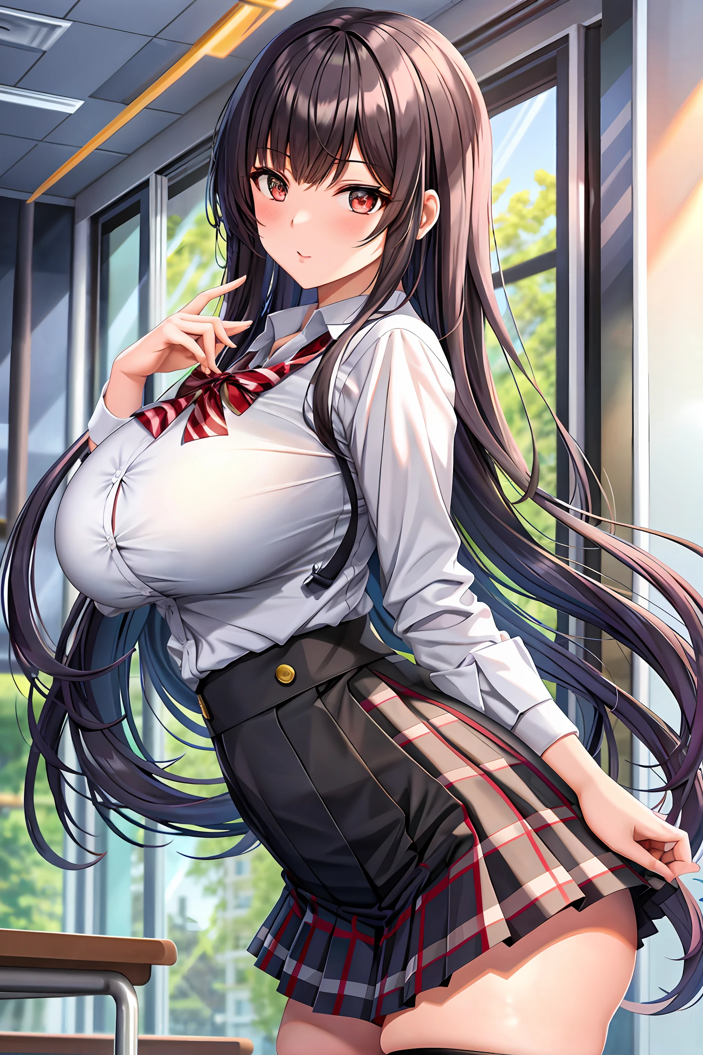 High school girl in white blouse and red checked skirt, red checked skirt, long black hair untied, pinched eyes, long lashes, well-styled and rather large breasts, white underwear and skirt rolled up, posing emphasizing big breasts, naughty large breasts, naughty thighs, naughty anime style, beautiful anime schoolgirl, surreal schoolgirl, surreal schoolgirls, seductive anime girls, realistic schoolgirls, emphasized big breasts, naughty anime style, naughty thighs, naughty thighs, smooth anime CG art, surreal schoolgirls, surreal schoolgirls, seductive anime girls, realistic schoolgirls, smooth anime CG art, anime girls, beautiful anime schoolgirls, beautiful anime girlsRendering, beautiful charming, anime , naughty anime style, photorealistic anime girl