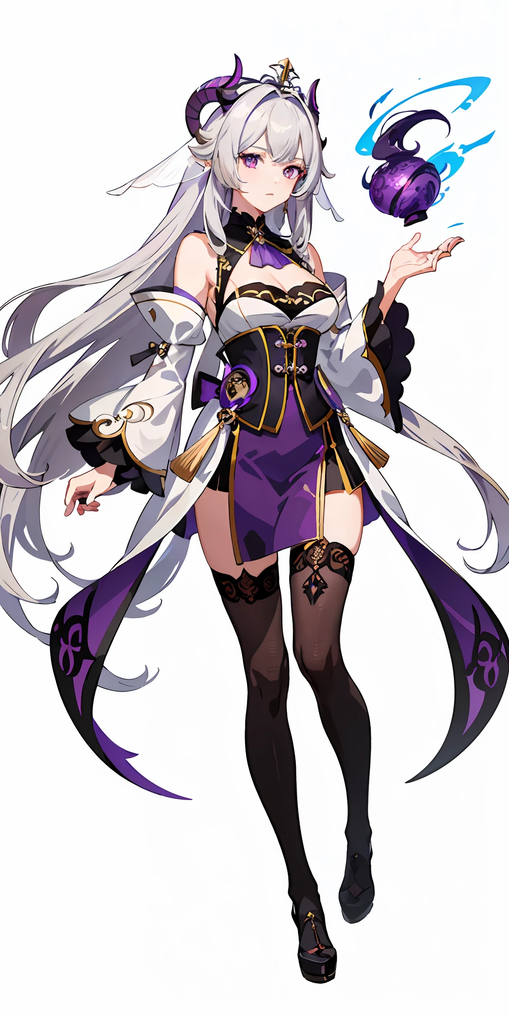 (top quality, masterpiece, white background, Genshin, full body, ephemeral expression) gray hair, fantasy costume, mond, purple eyes, fortune teller, face veil, sheep horn, sister, black clothes, big, cleavage, spear, lightning, tights, long bangs, mysterious, purple jewels, western style costume, shoulder out
