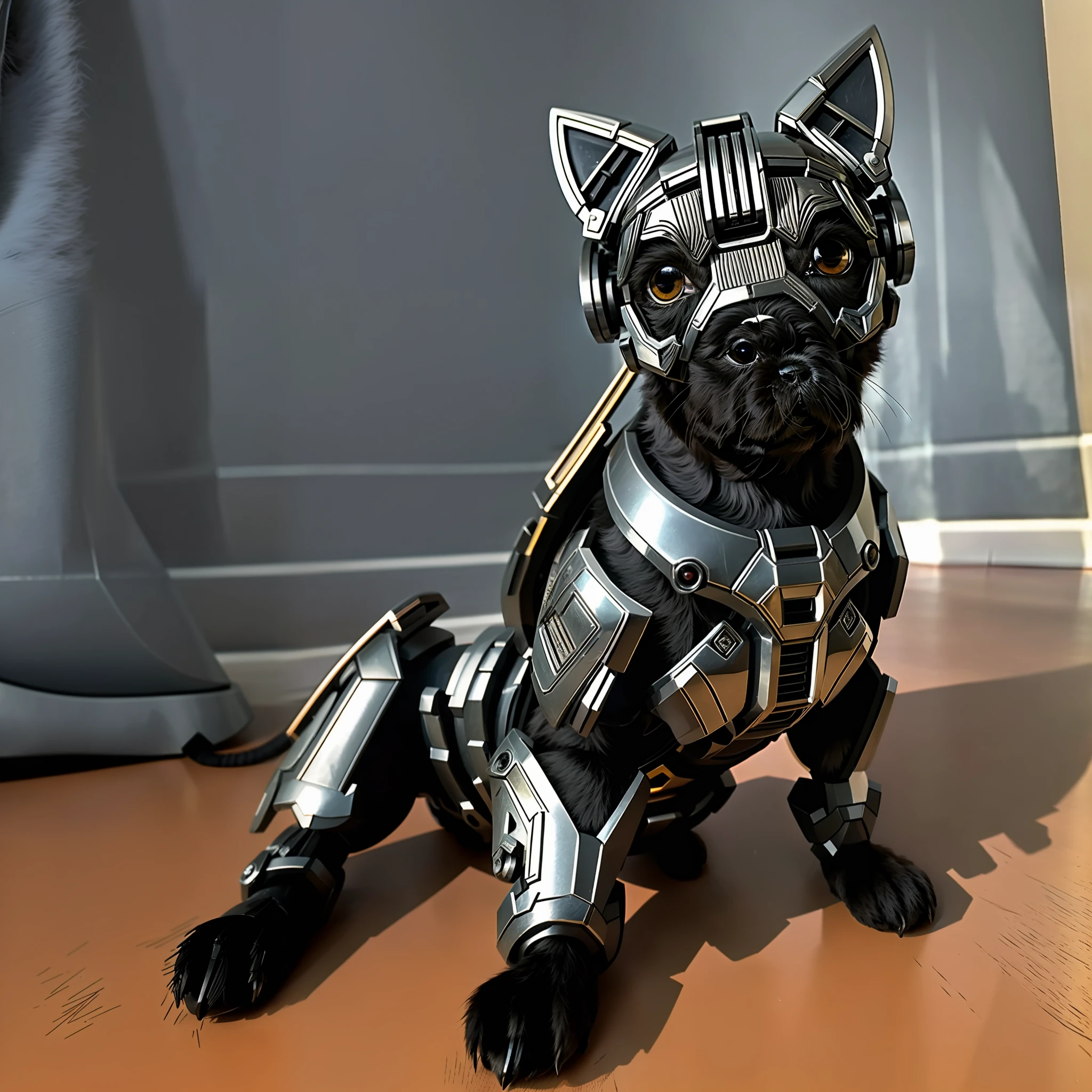 A cute puppy made of metal, (cyborg:1.1), ([tail|detailed wire]:1.3), (intricate detail), hdr, (intricate detail, hyperdetailed:1.2), cine footage, halo shadow, centered