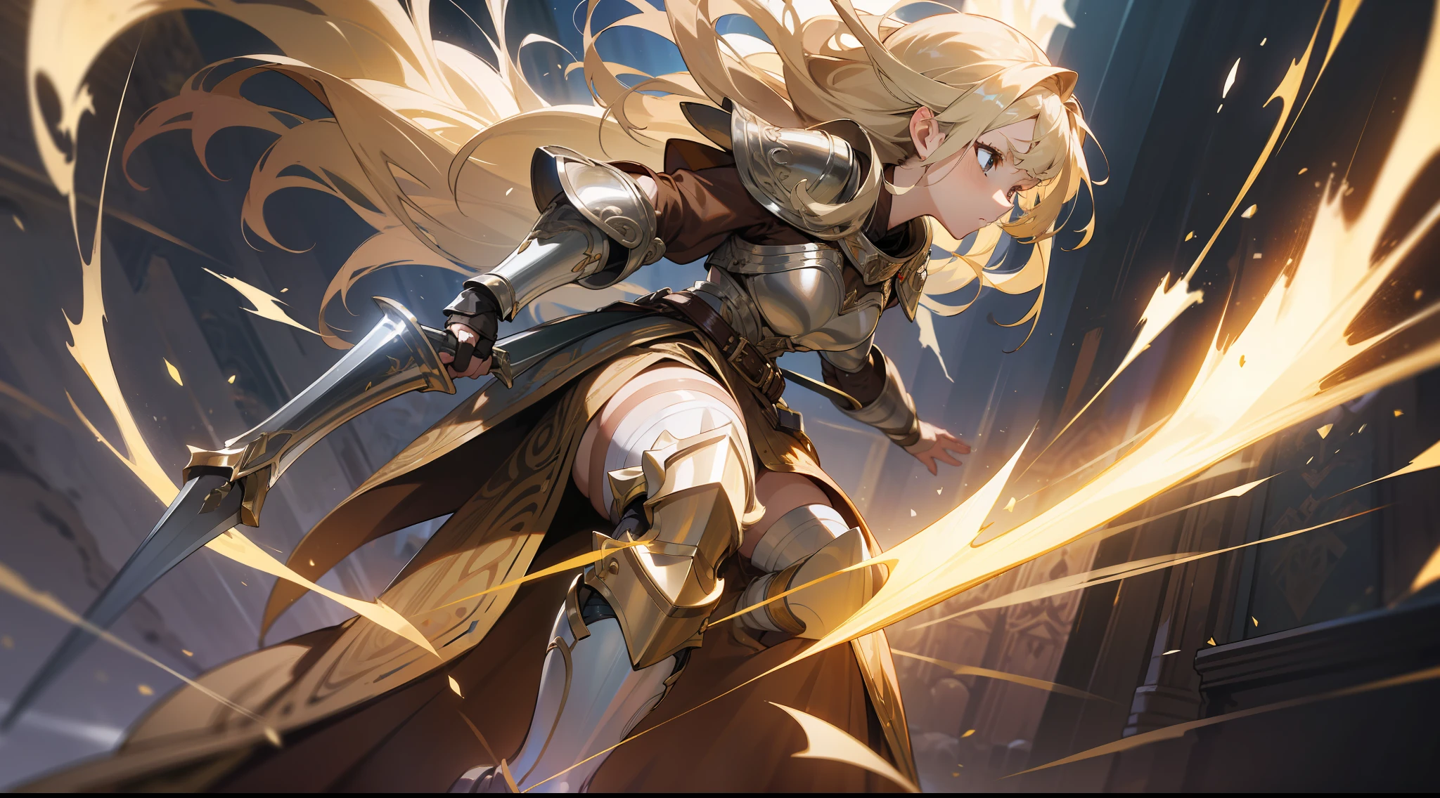 masterpiece, best quality, a mature woman, warrior, long light blonde hair, brown clothing, silver breastplate, silver shin guard, belt, skirt, costume, medieval, in a battle arena, night, dynamic pose, beautiful detailed glow.