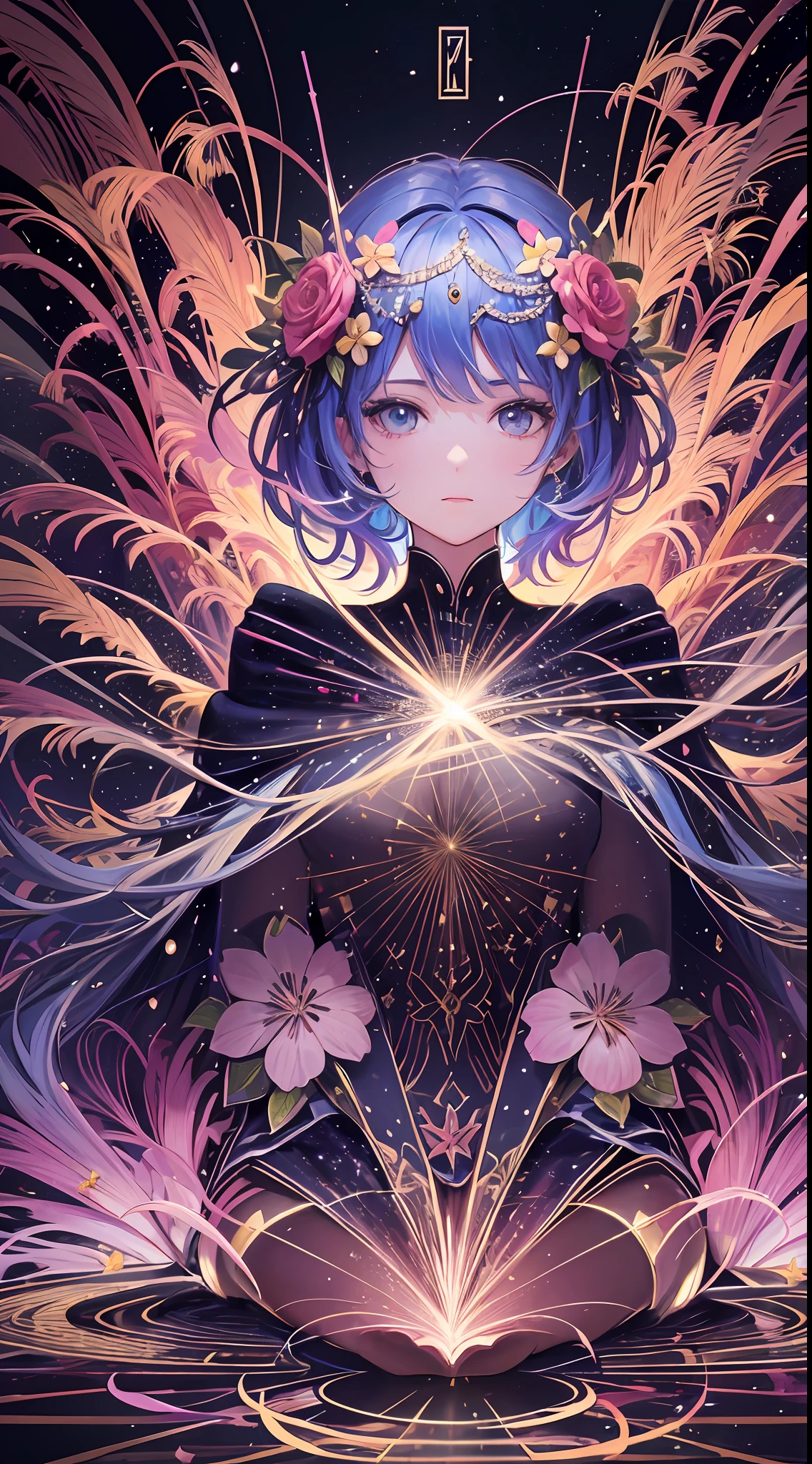 High resolution, high image quality, (maximalism: 1.8) portrait, 1 girl, thank you, bowing your head, flower dance, petal fireworks, diffuse reflection light, 2D illustration, asking figure, full body, 9th figure, sitting upright, geometric pattern,
