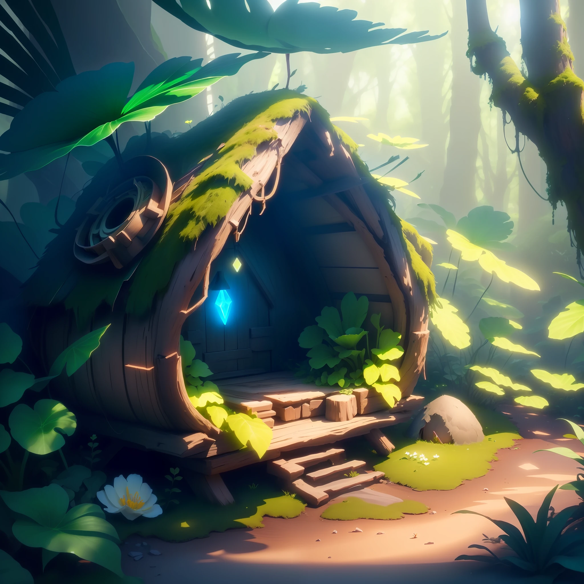 Masterpiece, best quality, (very detailed CG unity 8k wallpaper), (best quality), (best illustration), (best shadow), (shell shaped hut: 1.1) covered with moss, isometric 3D, octane rendering, ray tracing, super detailed, wildflowers flying