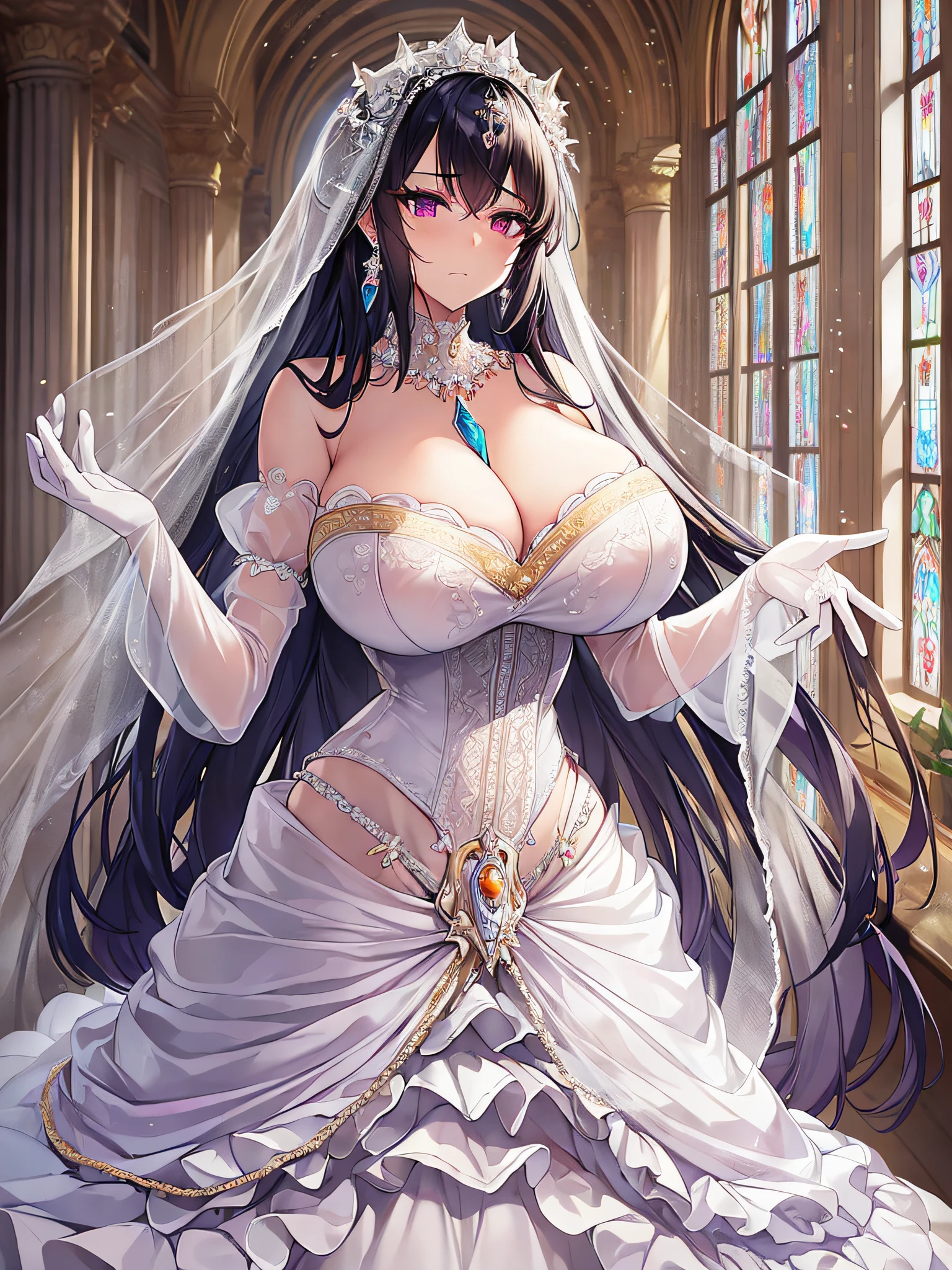 ((anime artstyle)),(Masterpiece), (Best Quality), (Super Detail), Illustration, (((Very Delicate and Beautiful))),Dynamic Angle,Looking at viewer,((((Solo)))),(((Full body))),(((1 arrogant empress in See-through white wedding dress having a wedding ceremony in a royal palace))),(standing),(((embarrassed))),anguish,Purple eyes,(Sharp eyes),Detailed Face, Long Eyelashes,Jet Black Hair,Straight Hair,((Very Long Hair)),Bangs between eyes,((((gigantic breasts)))),cleavage,((skindentation)),curvy,off shoulder,See-through,(((fusion of See-through white wedding dress and white rococo ball gown))),(fluffy See-through rococo white wedding ball gown with gorgeous embroidery),(((hoop skirt))),long skirt,corset,crinoline,long bridal veil,ultra long gloves,Beautifully Gorgeous jeweled big tiara,Beautifully Gorgeous gem earrings,Beautifully Gorgeous jeweled necklace,Beautifully Gorgeous jeweled ornaments,indoor,white lily flowers, flower petals flowing,Stained glass,light particles,Sacred Light