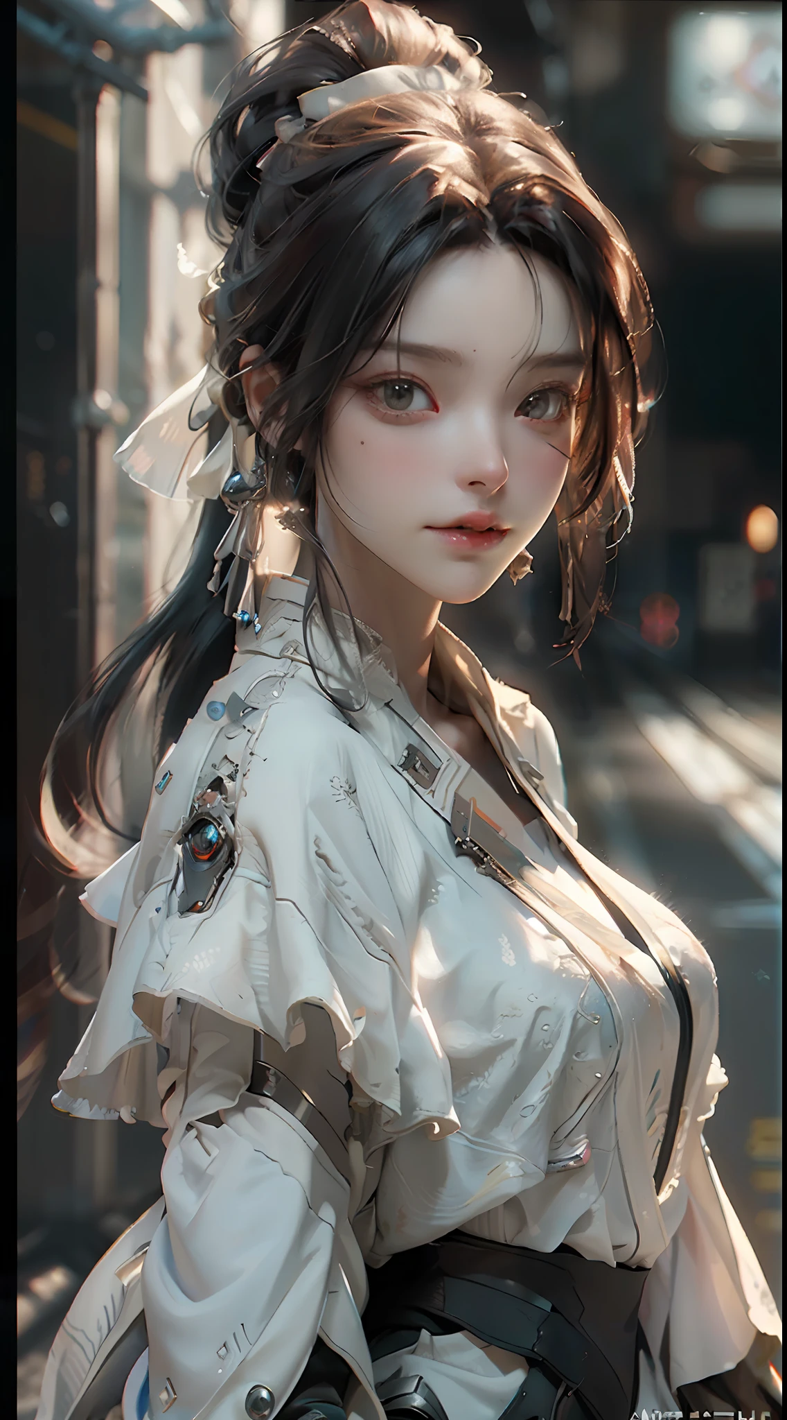 ((Best quality)), ((masterpiece)), (detailed:1.4), 3D, an image of a beautiful cyberpunk female,HDR (High Dynamic Range),Ray Tracing,NVIDIA RTX,Super-Resolution,Unreal 5,Subsurface scattering,PBR Texturing,Post-processing,Anisotropic Filtering,Depth-of-field,Maximum clarity and sharpness,Multi-layered textures,Albedo and Specular maps,Surface shading,Accurate simulation of light-material interaction,Perfect proportions,Octane Render,Two-tone lighting,Wide aperture,Low ISO,White balance,Rule of thirds,8K RAW,