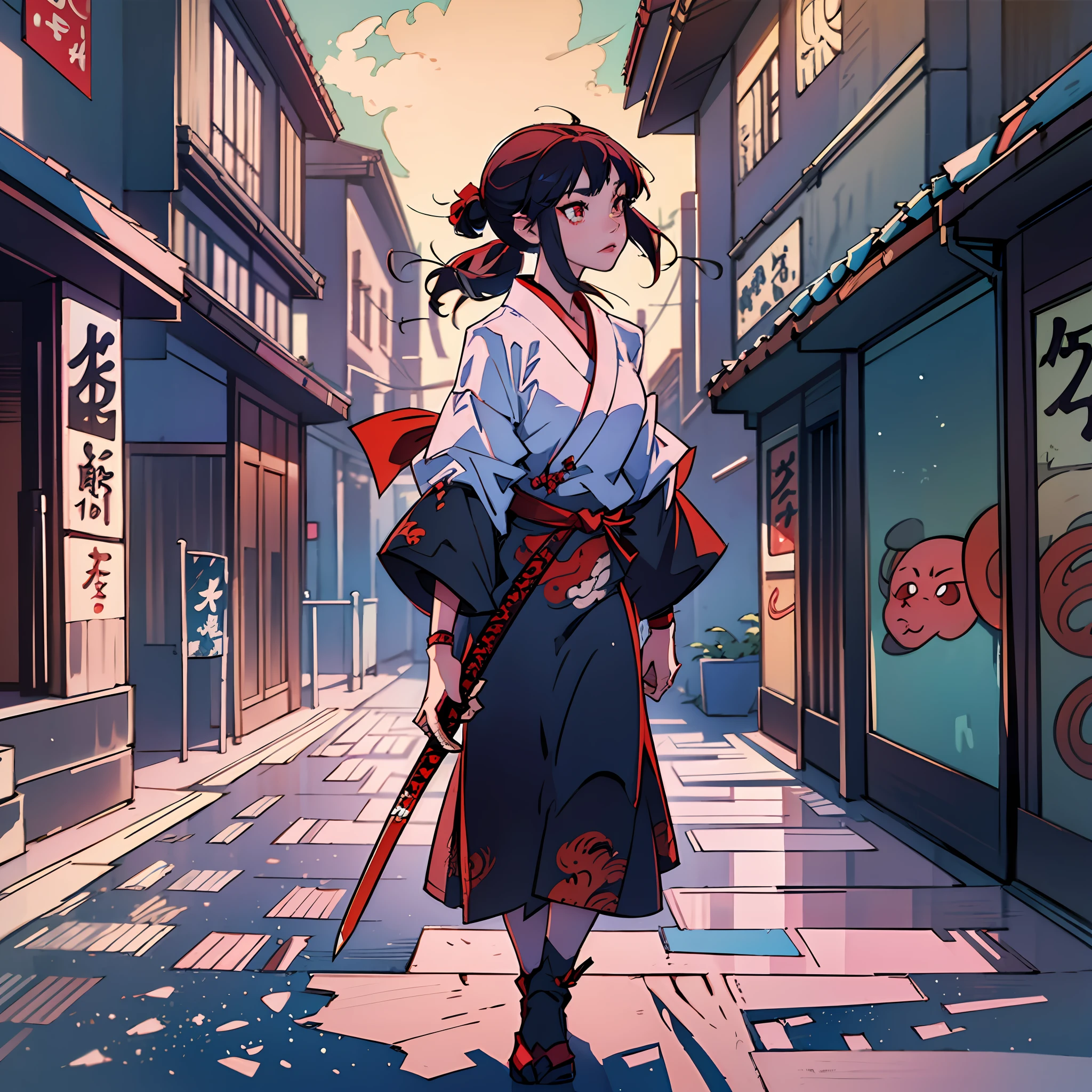 Streets of Tokyo, oni(Yokai) in the background with a wooden club and a katana, full moon in the sky, red spider lilies on the ground image 3.5 --auto --s2