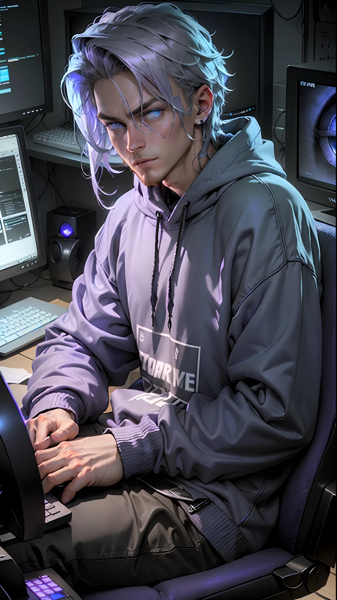 (guy with blue eyes+sweatshirt:1.3) sitting at a computer desk, monochromatic color scheme with purple accents, atmospheric purple lighting, gaming-styled setup, blue digital screens, keyboard and mouse, with smirking facial expression.