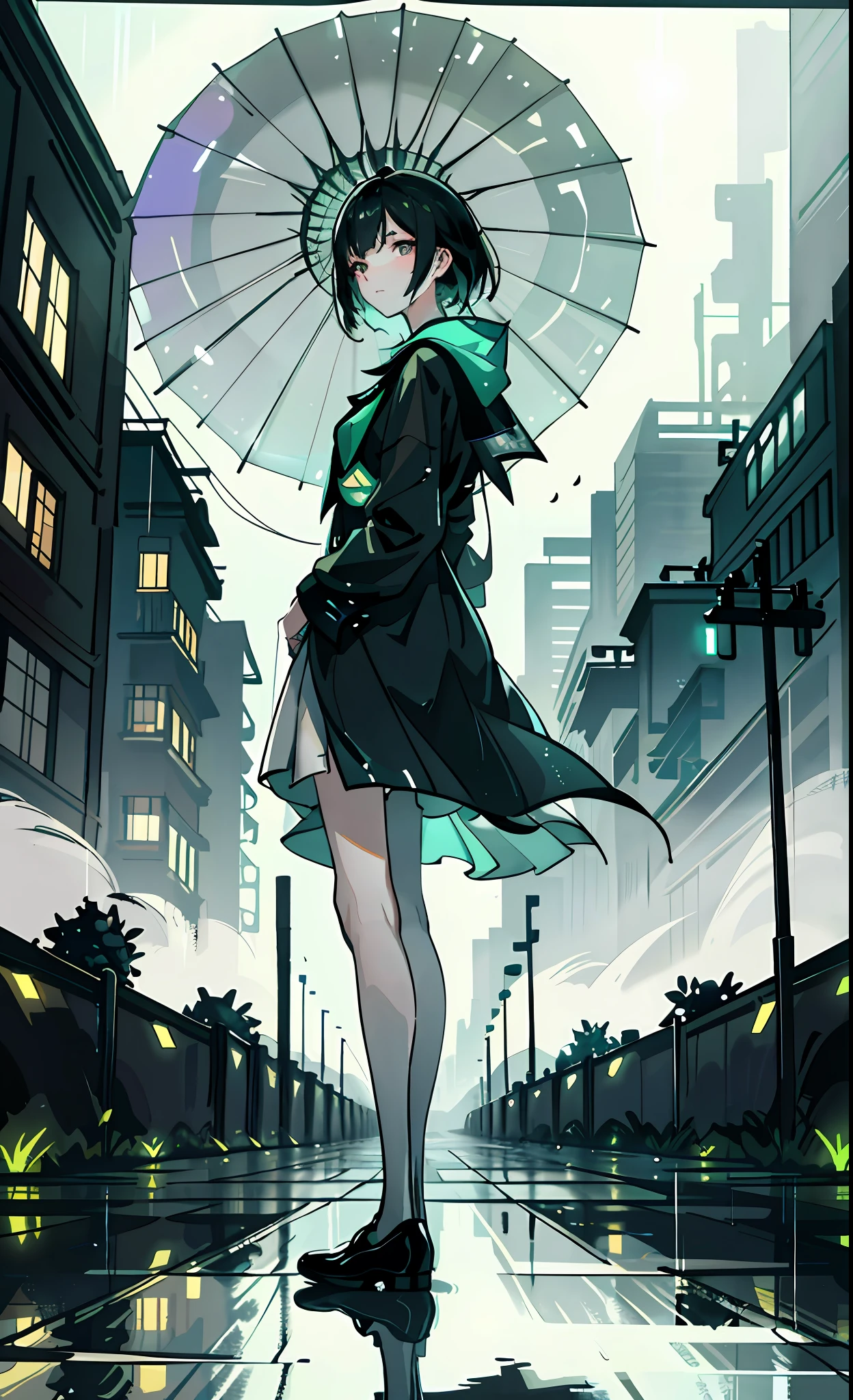 On a futuristic night, after a heavy rain, a street glows under the neon light that reflects in the puddles. The urban setting gains a mysterious and charming touch, with tall, modern buildings that stand as pillars of a new era.

The raindrops continue to fall gently, creating a melodic rhythm that echoes in the empty streets. The city lights are reflected on the wet surfaces, creating a spectacle of vibrant colors and distorted reflections.

Waves of mist hang in the air, enveloping the landscape in an ethereal veil. The environment gains a futuristic atmosphere, where the encounter between technology and nature is evident. Vertical gardens adorn the sides of the buildings, bringing a touch of green and freshness to the cityscape.

Flying cars pass silently through the streets, their flashing lights cutting through the air with luminous trails. The sound of the engines echoes softly, blending in with the sound of rain and creating a unique urban symphony.

As pedestrians hurry under transparent umbrellas, the post-rain night town reveals its beauty from a new perspective. The reflections in the puddles of water seem to mirror a parallel universe, where time and space meet in a play of light and shadow.

The futuristic street exudes an atmosphere of endless possibilities. The illuminated buildings and innovative architectural structures evoke a sense of progress and technological advancement. But even in this futuristic setting, the rain and night still impart a sense of familiarity and calm.

In this post-rain night town, the imagination is free to wander and dream of a future where technology and nature coexist harmoniously, bringing a new era of beauty and charm to the streets lit by neon glow.