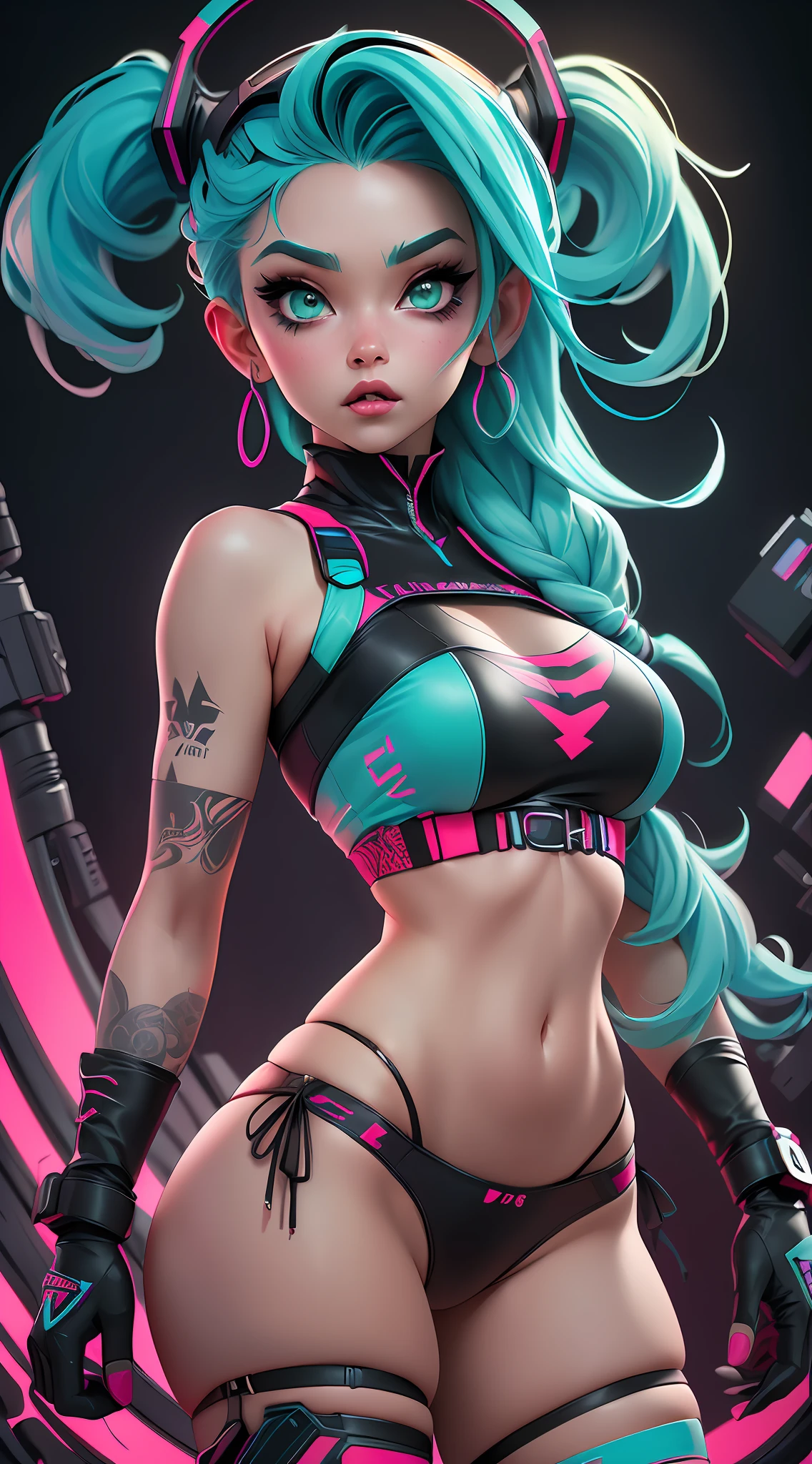 ((Best Quality)), ((Masterpiece)), ((Realistic)) and ultra-detailed photography of a 1nerdy girl with goth and neon colors. She has ((turquoise hair)), wears a (tech-wear top) and a (black thong, red pattern:1.2) , ((beautiful and aesthetic)), sexy, under-boobs, hot