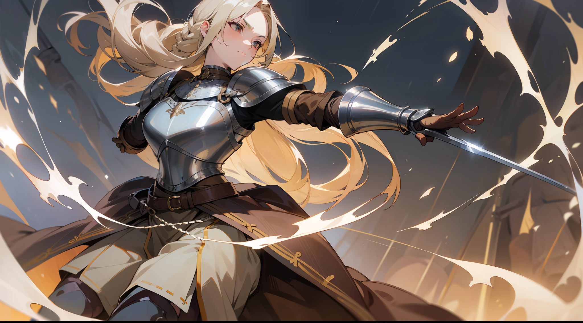 Masterpiece, best quality, a mature woman, warrior, long light blonde braided hair, brown clothing, simple silver breastplate, simple silver shin guard, belt, skirt, costume, medieval, in a battle arena, night, dynamic pose, beautiful detailed shine.