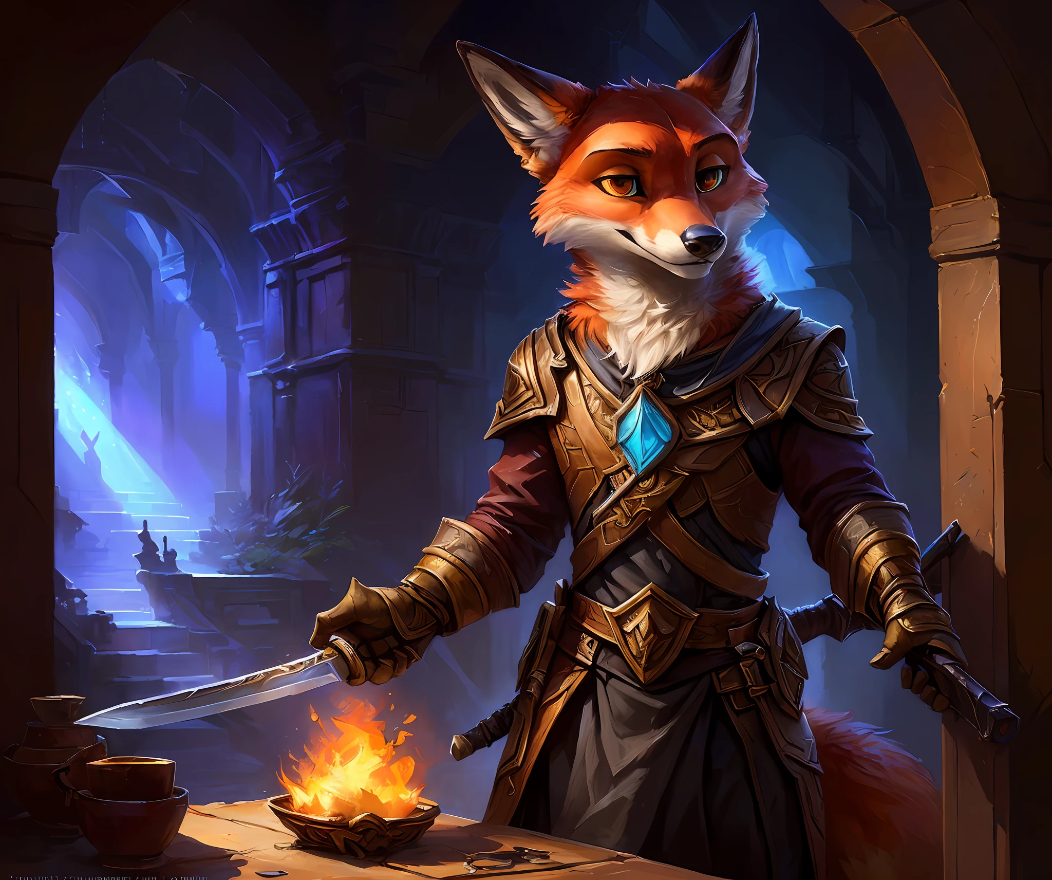 Best Quality, Realism, Photorealism, Award-Winning Illustration, (Intricate Details: 1.2), (Fine Detail), (Complex Details), (Cinematic Light, Best Quality Lighting), Clear Line, Clear Focus, Official Art, Unity 8K Wallpaper, Absurd, Incredibly Absurd, Huge File Size, Ultra-Detailed, High Resolution, Extremely Detailed, Extremely Delicate and Beautiful, RAW Photo, Professional Lighting, Dynamic lighting, depth of field, there is a fox that is holding a sword in his hand, dark fox mage, anthro art, furry fantasy art, kenket, zaush, silverfox, bonifasko, an anthropomorphic fox, Nick Wilde, world of warcraft art style, anthro dragon art, anthro digital art, painted in the style arcane, hearthstone card game artwork. ”, very very beautiful furry art