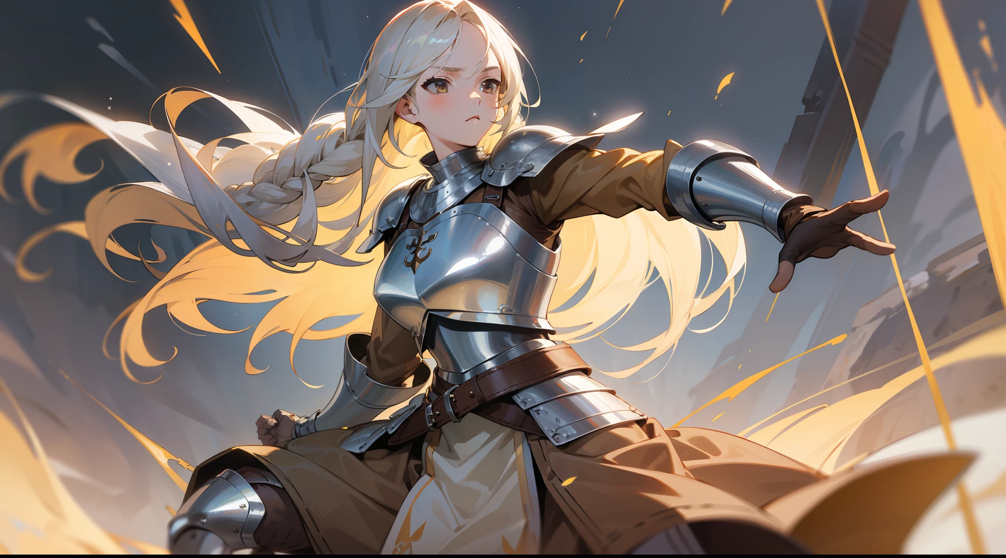 Masterpiece, best quality, a mature woman, warrior, long light blonde braided hair, brown clothing, simple silver breastplate, simple silver shin guard, belt, skirt, costume, medieval, in a battle arena, night, dynamic pose, beautiful detailed shine.