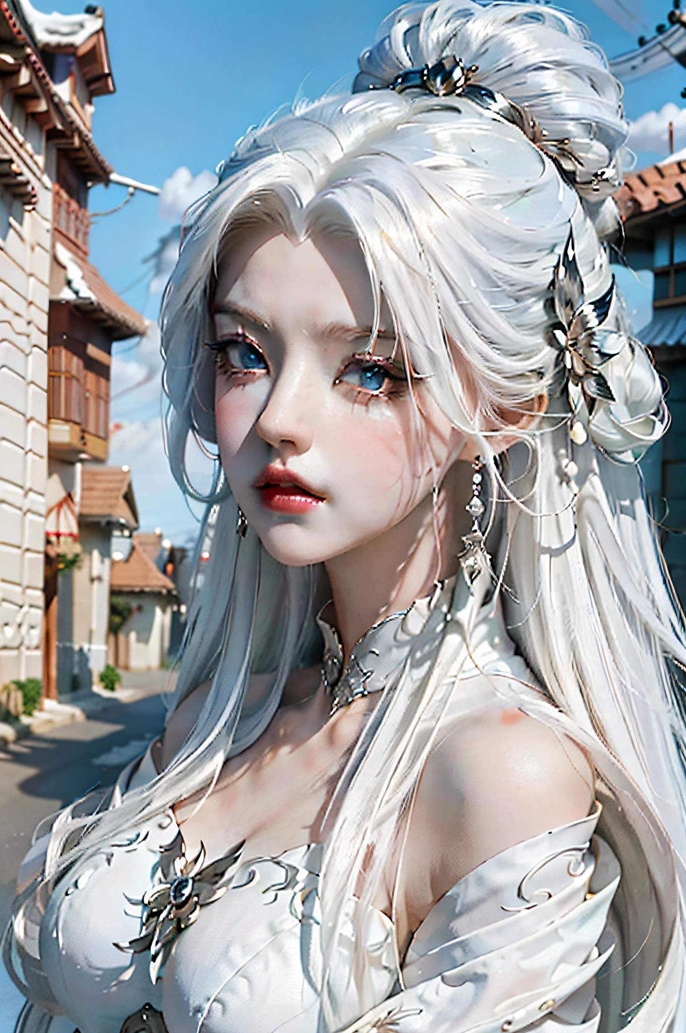 arafed woman in a white dress walking down a street, anime barbie in white, white haired deity, anime character; full body art, anime girl cosplay, with long white hair, beautiful alluring anime woman, perfect white haired girl, anime goddess, with white long hair, detailed white long hair, white dress!! of silver hair, flowing white hair