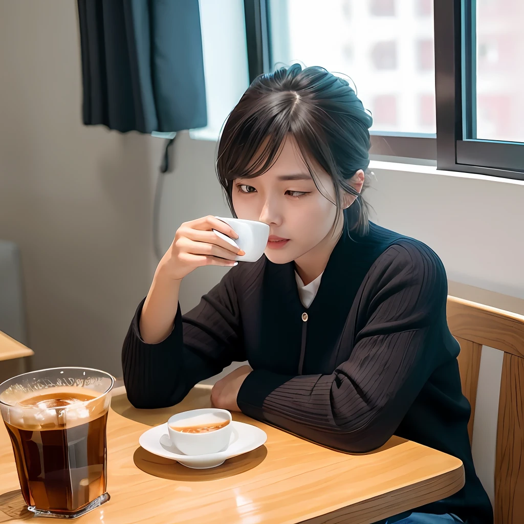 there is a woman sitting at a table with a cup of coffee, xintong chen, with short hair, xision wu, wenfei ye, 2 , qifeng lin, 2 7 years old old, chengyou ed by Ma Yuanyu, yun ling, louise zhang, ruan jia beautiful!, chines...