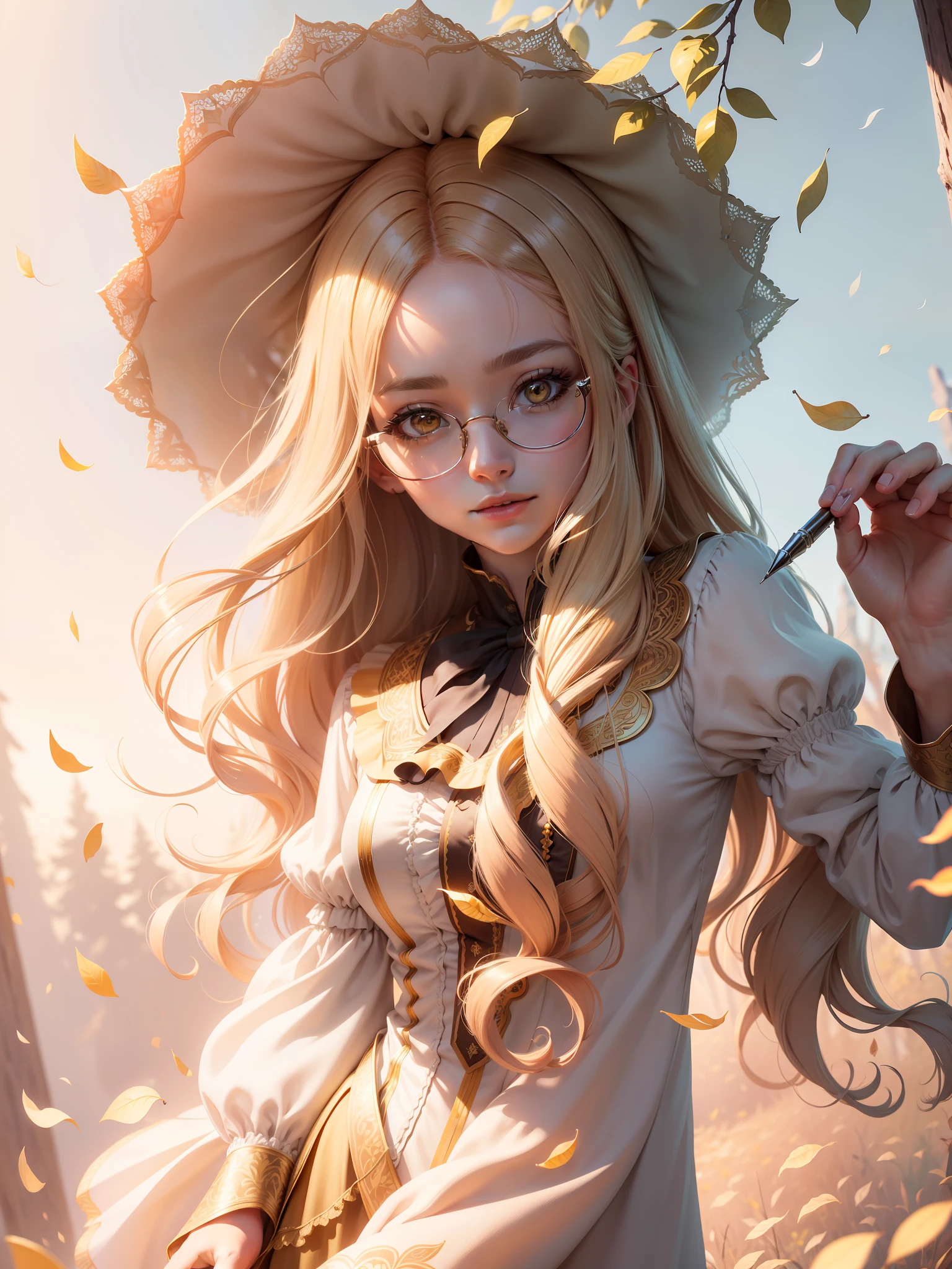 Masterpiece, Best Quality, (Very Detailed CG Unity 8k Wallpaper) (Best Quality), (Best Illustration), (Best Shadow) Delicate leaves of nature petals of various colors fall in the air Light tracking, super detailed , long colored hair, golden eyes, blouse , golden round frame glasses , hand nature , gold wire eyes , yellow quill pen in right hand, --v6