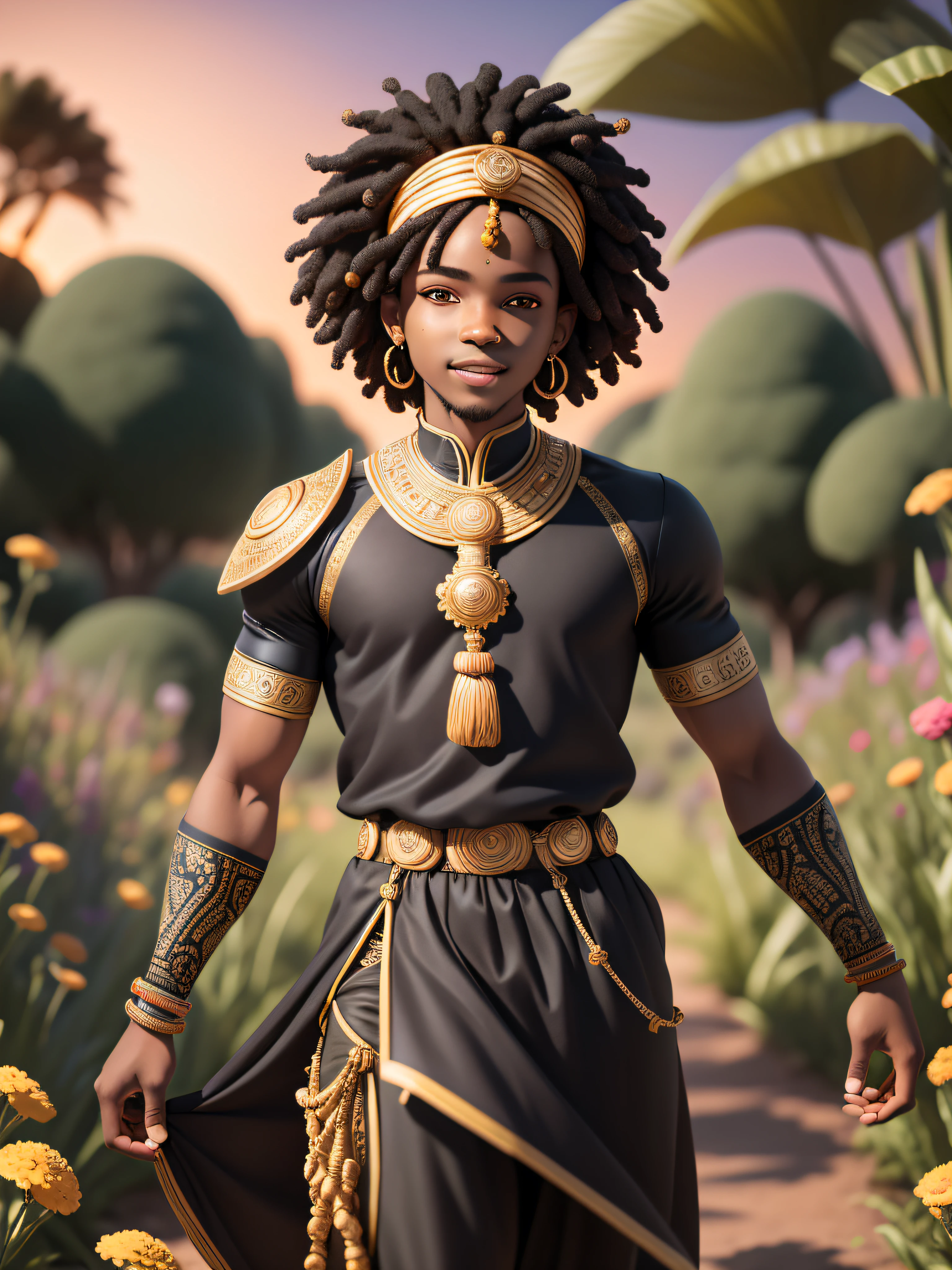 (masterpiece),(best quality),(ultra-detailed), (full body:1.2), black man, male, short hair, teenage, typical african clothing, black clothes, prince, light smile, turban, African, cover in back, :3, afro clothes, blurry, black hair, brown hair, flower, background abstract, sunset (beautiful detailed face), (beautiful detailed eyes), flower, outdoors