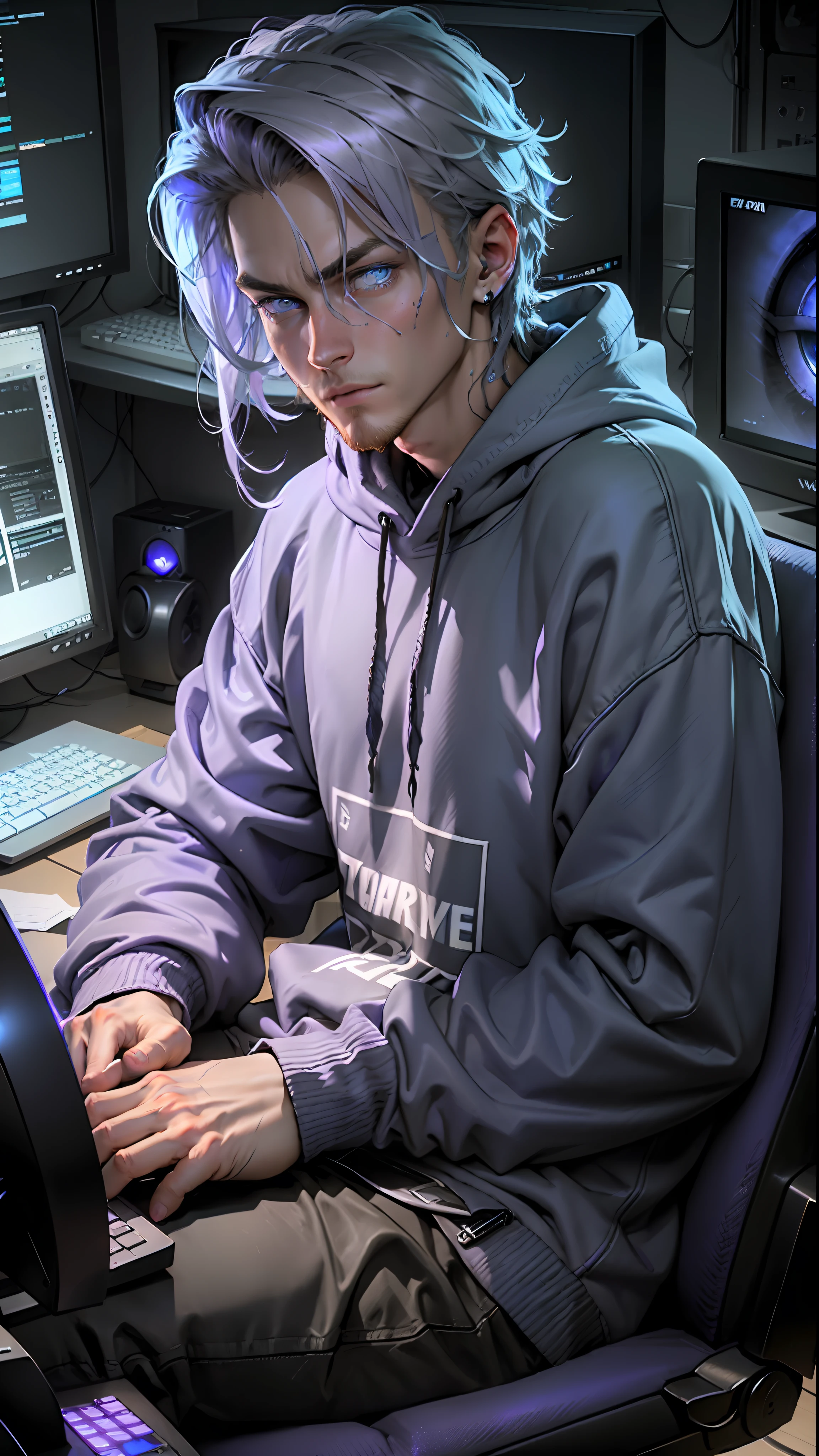 (guy with blue eyes+sweatshirt:1.3) sitting at a computer desk, monochromatic color scheme with purple accents, atmospheric purple lighting, gaming-styled setup, blue digital screens, keyboard and mouse, with smirking facial expression.