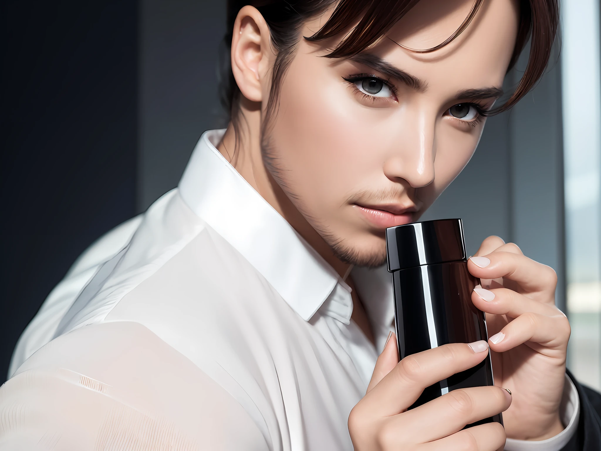 beautiful (woman) with (perfume bottle) in hand, captivating look, ((close up)), ad, highly dated, super high resolution, model session style, raw photo, ad, detailed face, amber eyes, first person point of view, photorealistic