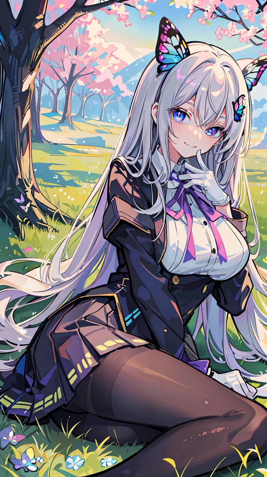 masterpiece, best quality, against backlight at dusk, in a meadow, girl, very long hair, beautiful detailed eyes, gradient_eyes, looking at viewer, half-closed eyes, seductive smile, large breasts, school uniform, hair_ribbon, white pantyhose, fingerless_gloves, lying,multi-tied hair, butterfly hair ornament,