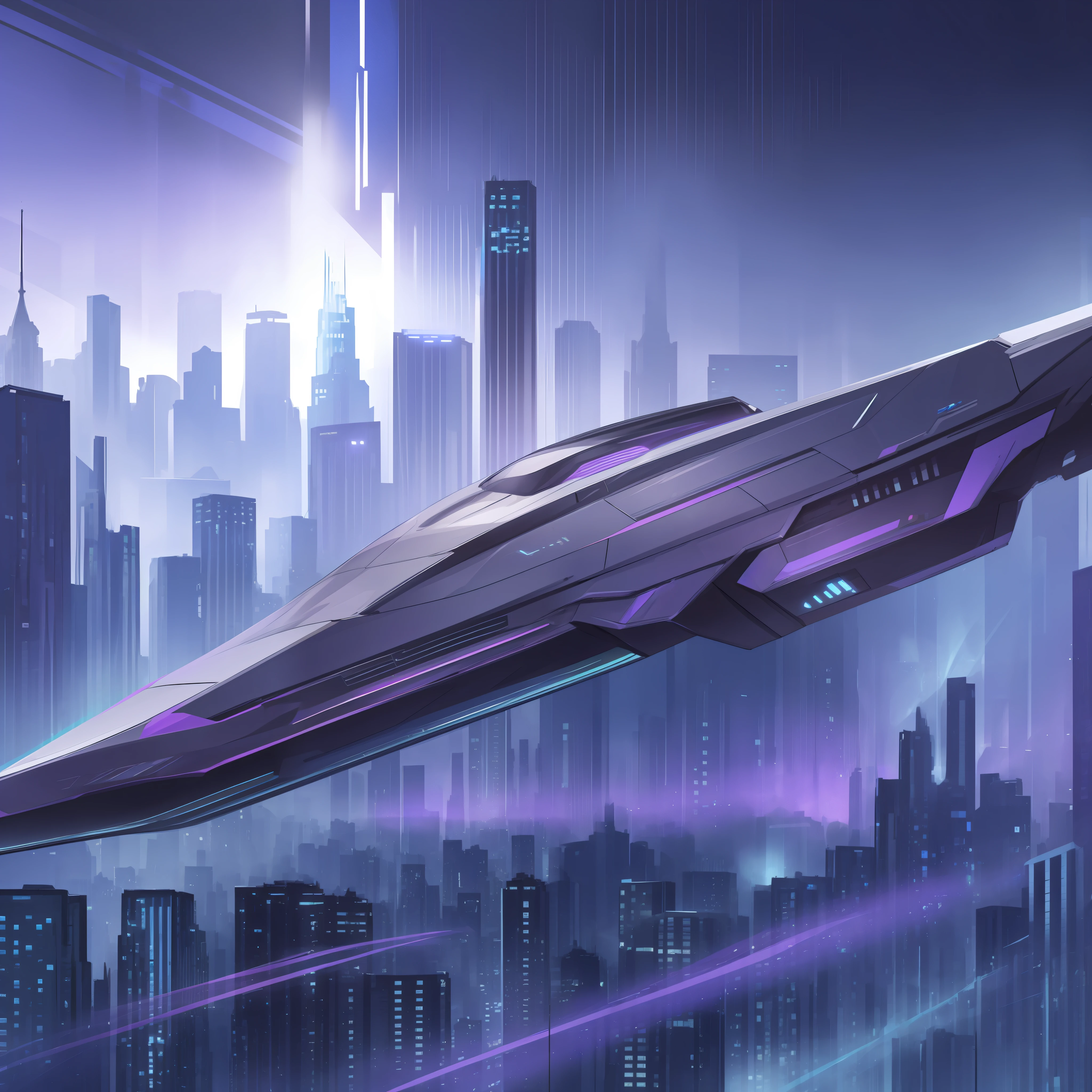 (extremely detailed CG unity 8k wallpaper, masterpiece, best quality, ultra-realistic), sci-fi dropship, hovering in a rainy, nebulous night sky with swirling, powerful mist, illuminated by a neon blue, silver, and purple, the vehicle features advanced technology and complex details, including advanced engines, weapons, and sensors, the ship has a sleek, metallic design, and the surrounding environment depicts a cityscape or dystopian future, complete with towering skyscrapers and a dense urban jungle.