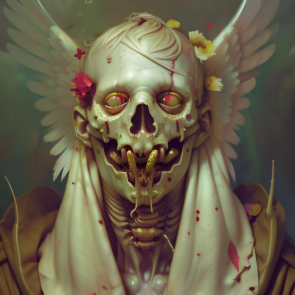 art horror by Apterus. disturbing art, an angel saint head with rotten flowers on face, porcelain skin, creepy face, mouth closed. against the background of hell, gloomy illumination. Apterus creepy anatomy