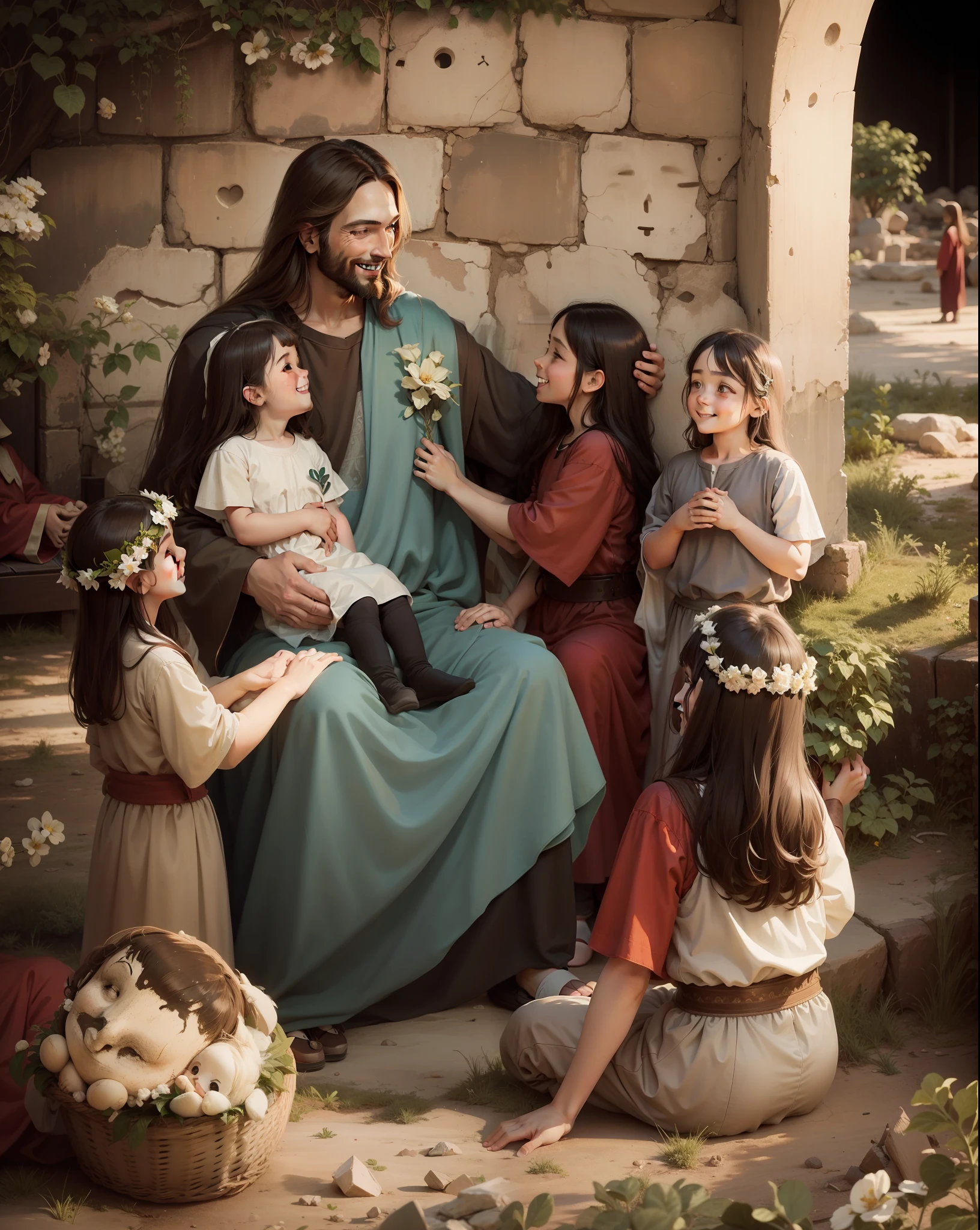 Jesus Christ smiling, surrounded by children.