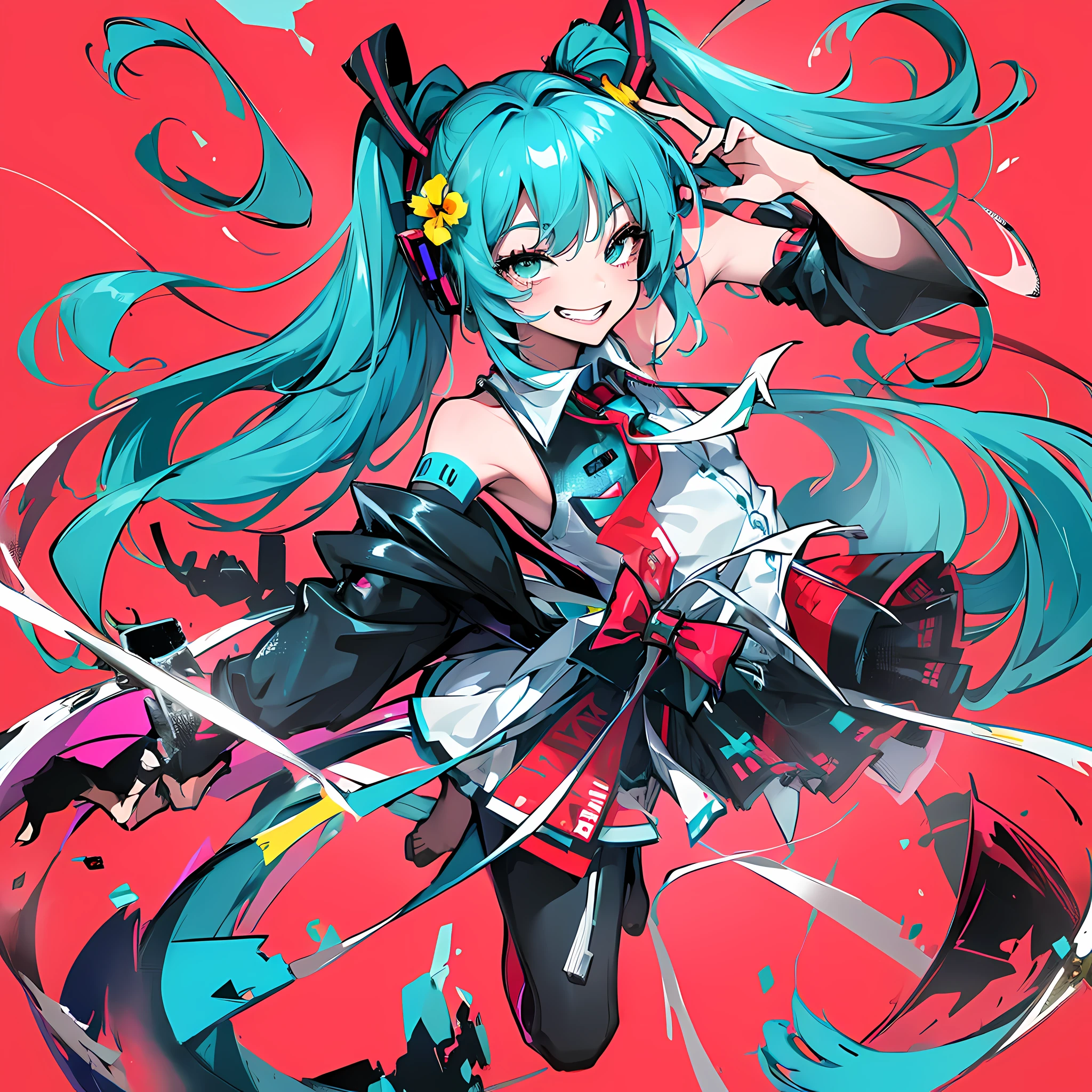 (masterpiece), (best quality),(miku),(border),(looking at viewer),1girl,(grin),happy,smile,small breasts,full body,dynamic pose,simple background