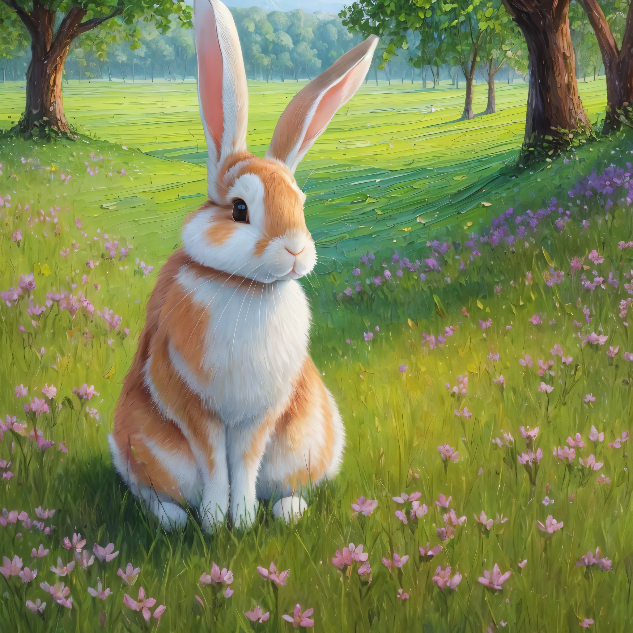 (extremely detailed oil painting, masterpiece, best quality),(rabbit sitting on a green meadow, blurred background),(high saturation),one-color background, excellent animal detailing