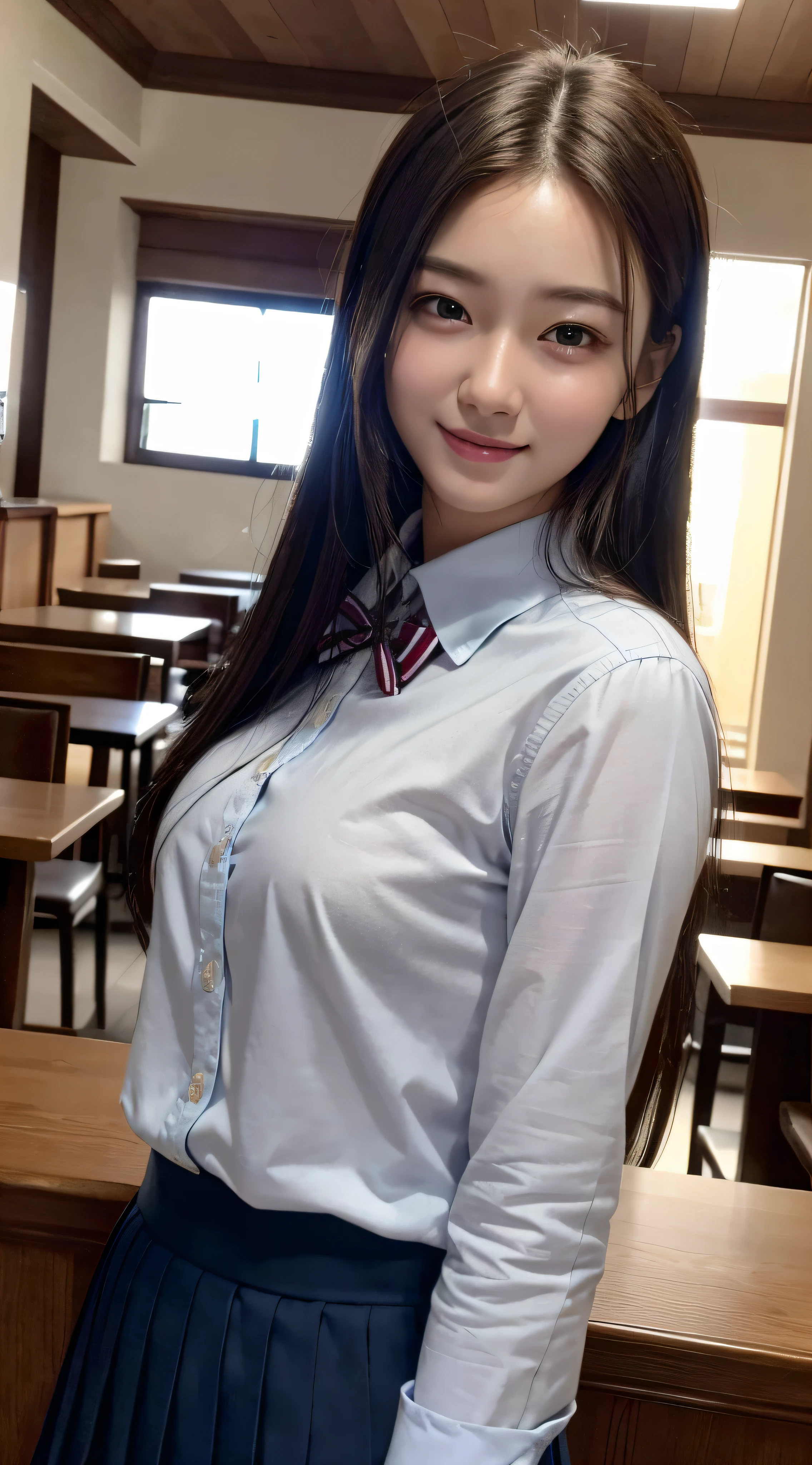 8K, top quality, masterpiece, realistic, super detailed, photo realistic, hyper-realistic, smooth lighting, improve movie lighting quality, realistic lighting, backlight, bright light, improve quality, best quality real texture skin, close-up, slender, cute face, smile, beautiful detail eyes, 19 year old Korean, cute uniform in a café, double and very dense eyes, shiny skin, sagging eyes, Shy, staring at the viewer, standing with your face facing forward, images of only the upper body